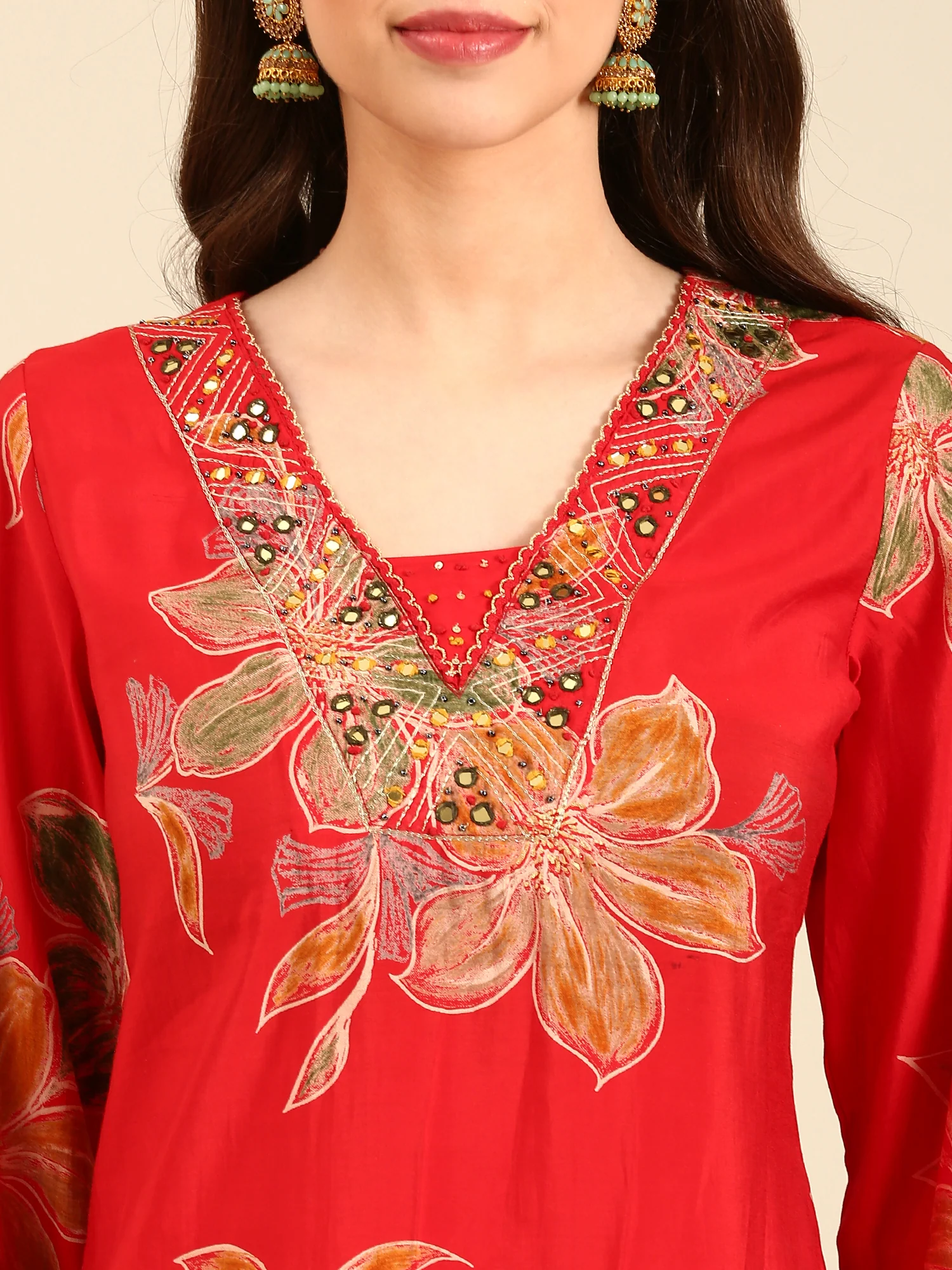 Red muslin three piece suit set - Image 4