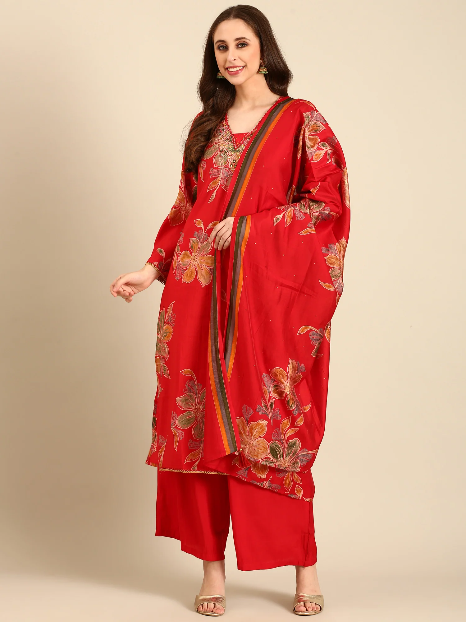 Red muslin three piece suit set - Image 5