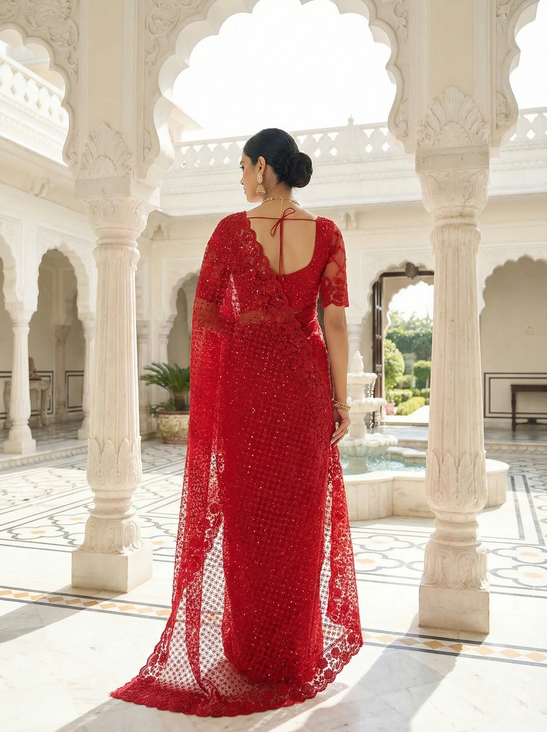 Red Net Heavy Hand Embroidery Saree - Image 3