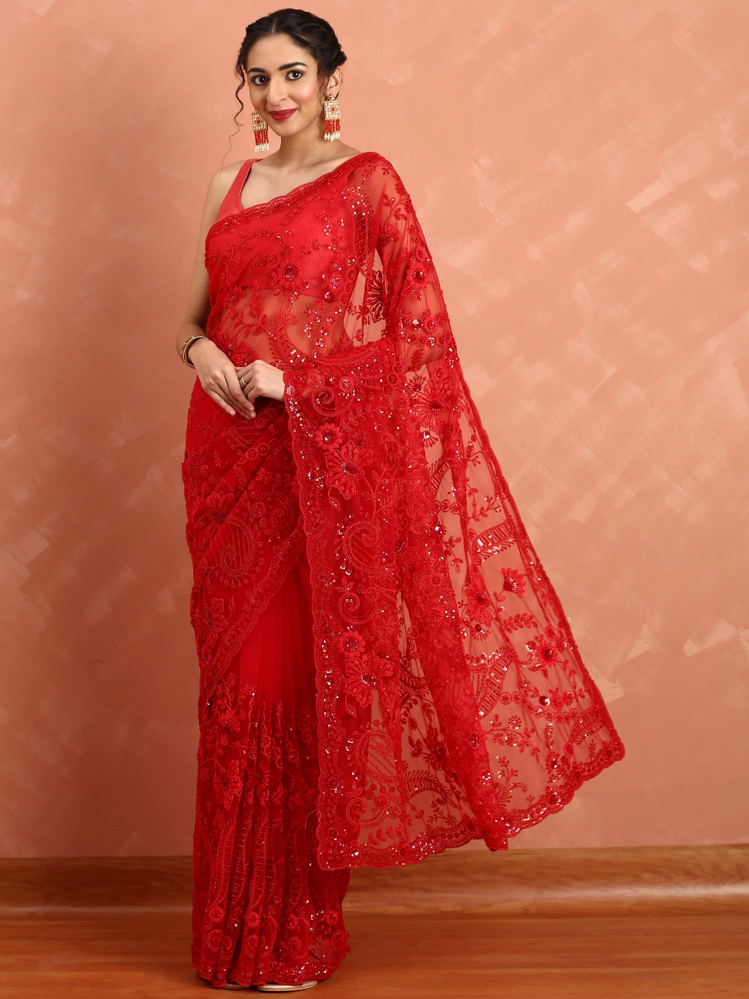 Red net saree with pearl and sequins hand embroidery with scallop border - Image 2