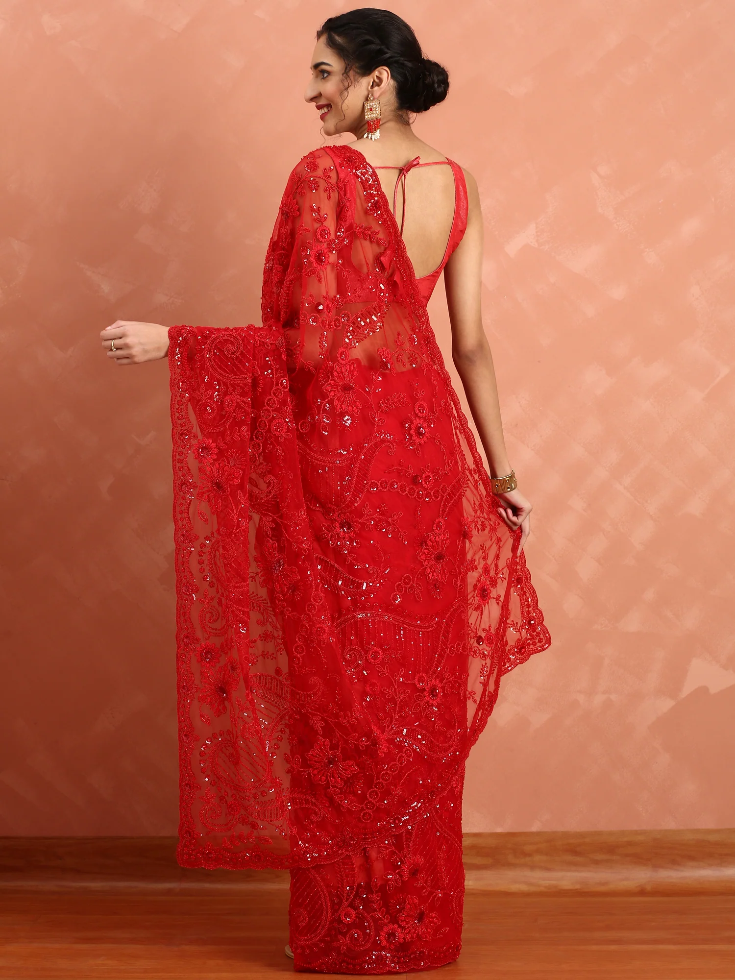 Red net saree with pearl and sequins hand embroidery with scallop border - Image 3