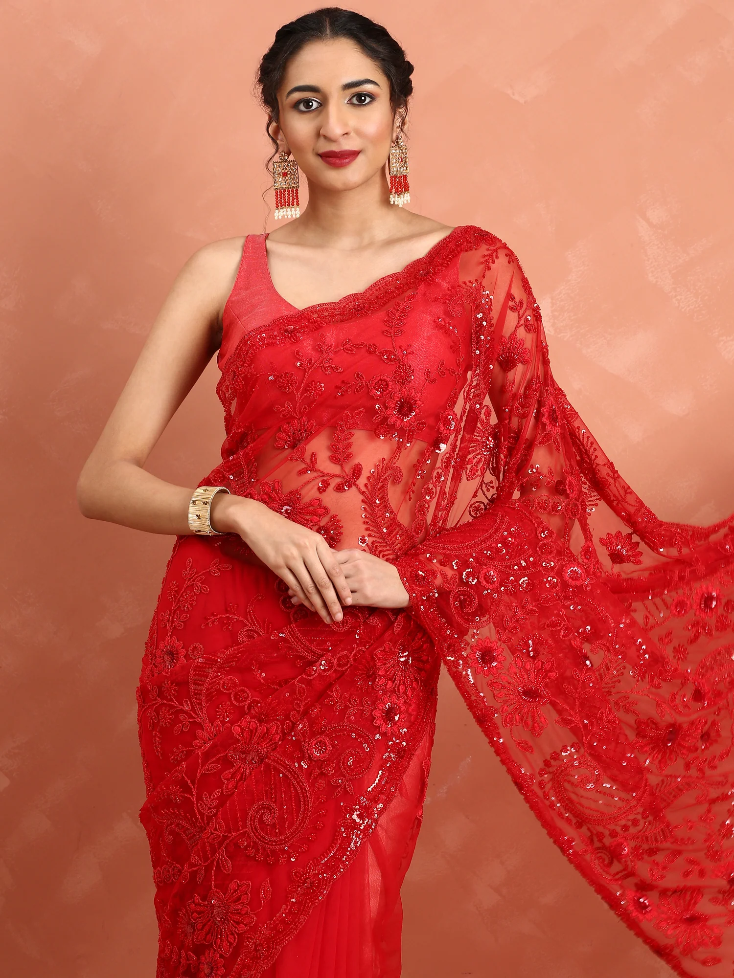 Red net saree with pearl and sequins hand embroidery with scallop border - Image 4