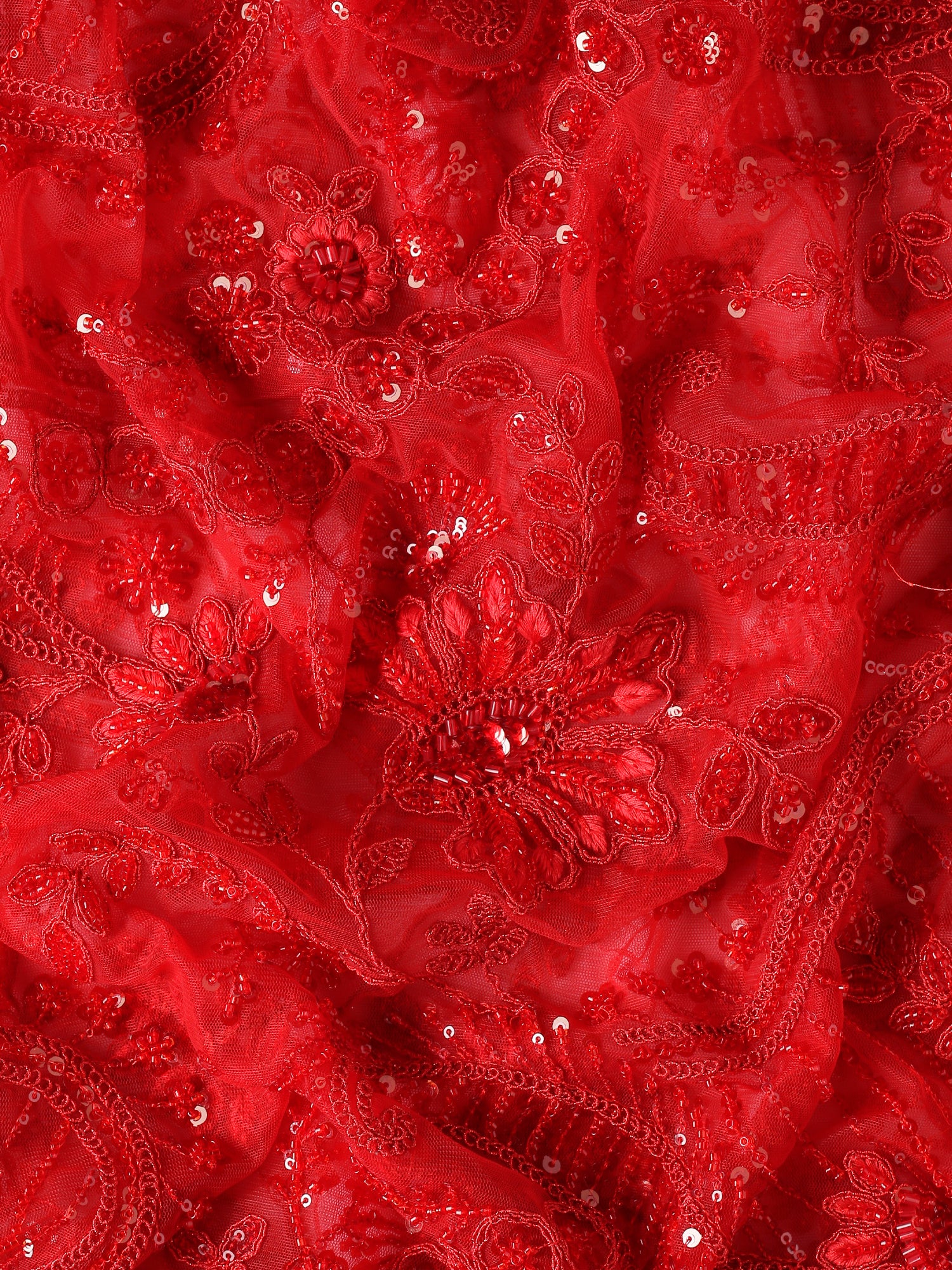 Red net saree with pearl and sequins hand embroidery with scallop border - Image 6