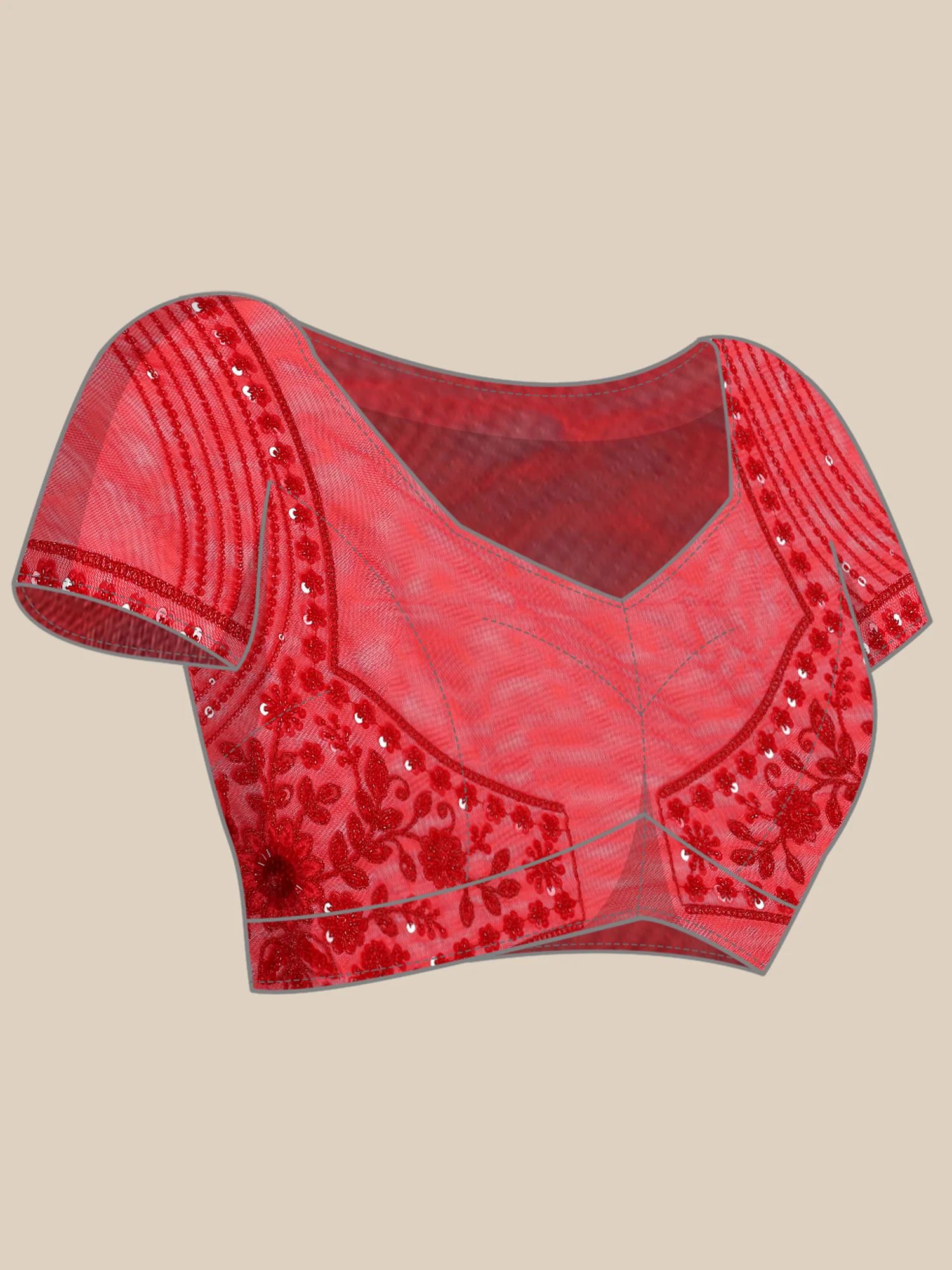 Red net saree with pearl and sequins hand embroidery with scallop border - Image 7