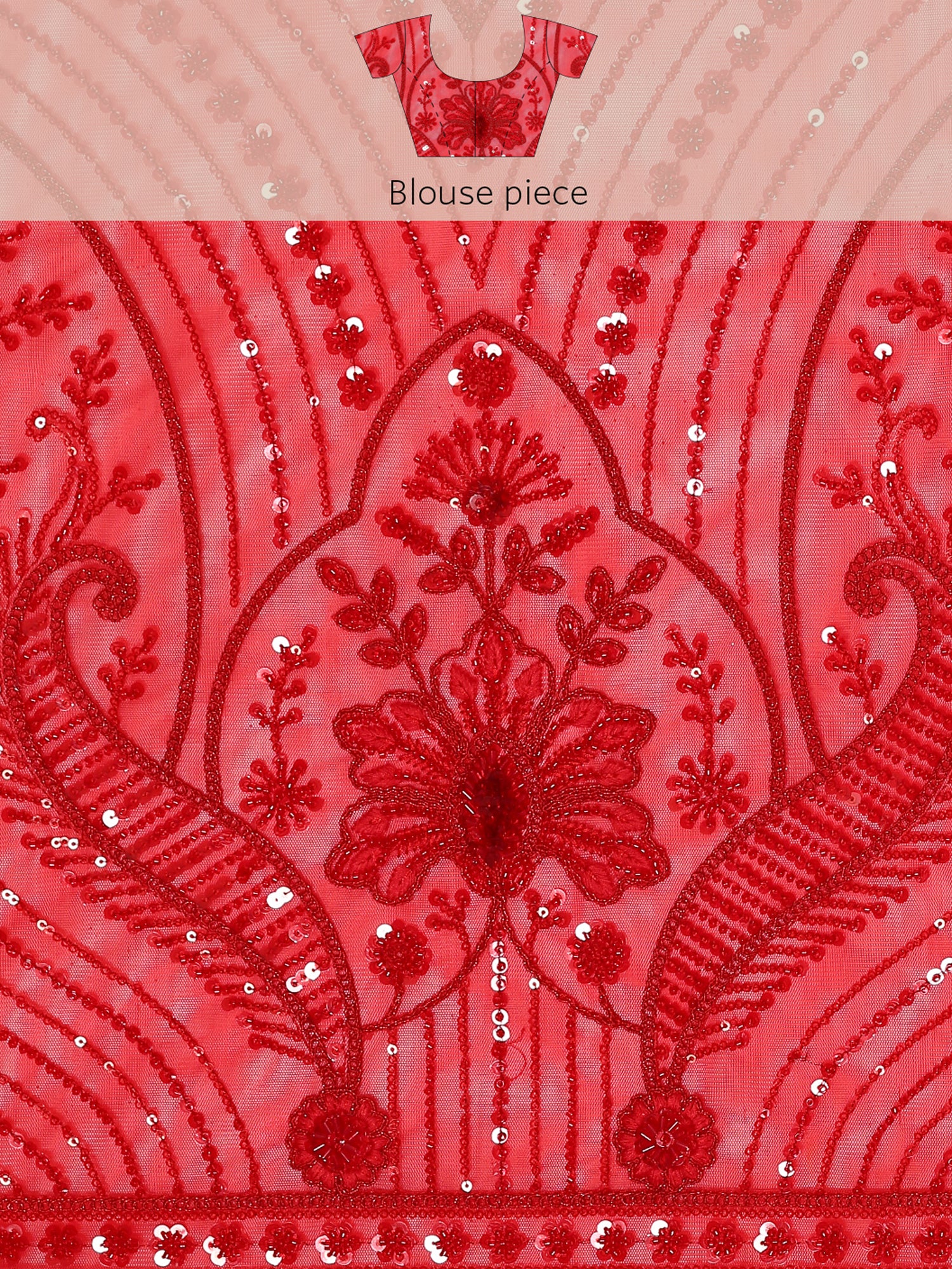 Red net saree with pearl and sequins hand embroidery with scallop border - Image 8