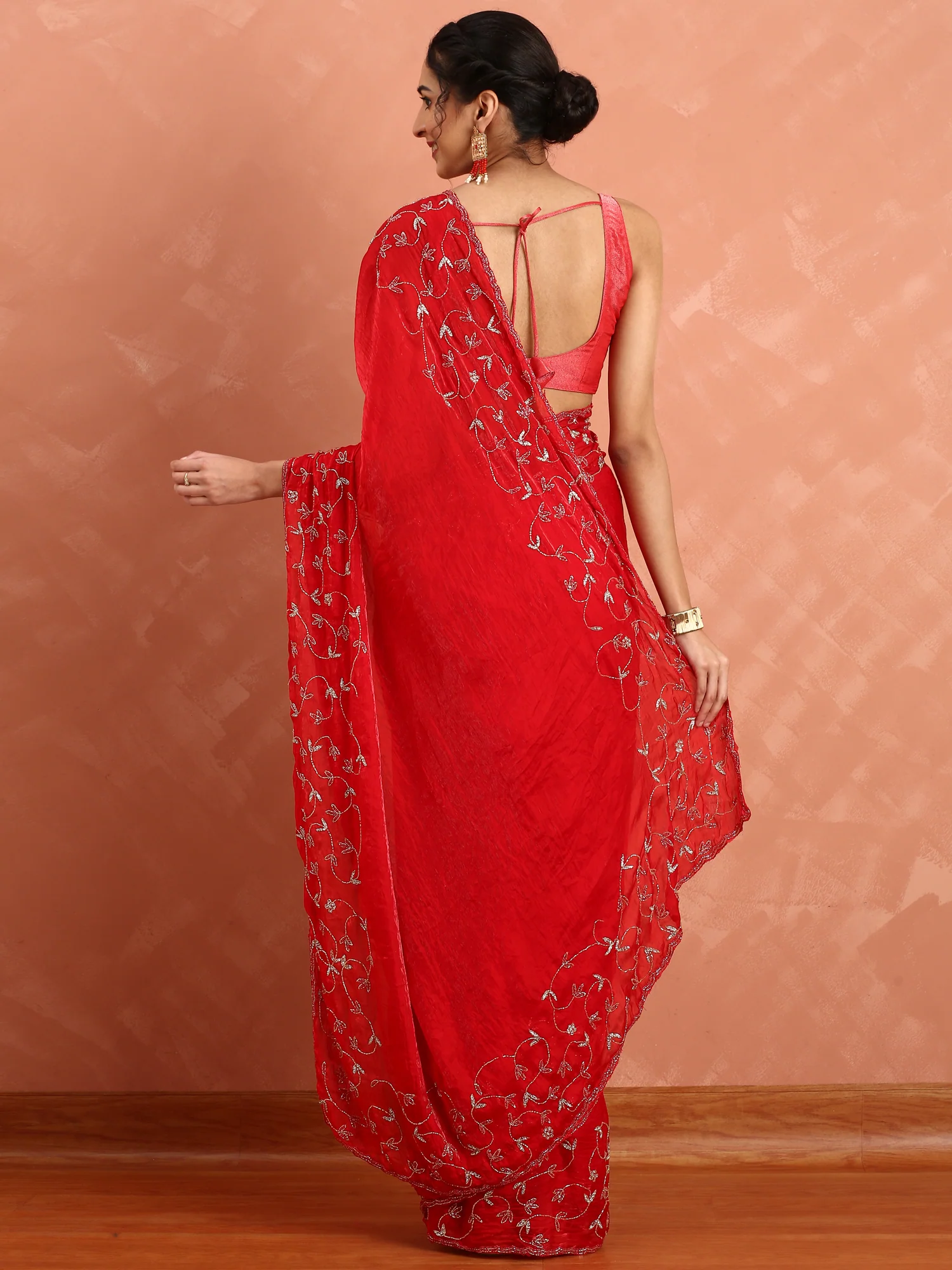 Red pink Jimmy saree with cut dana & Swarovski hand embroidery - Image 2