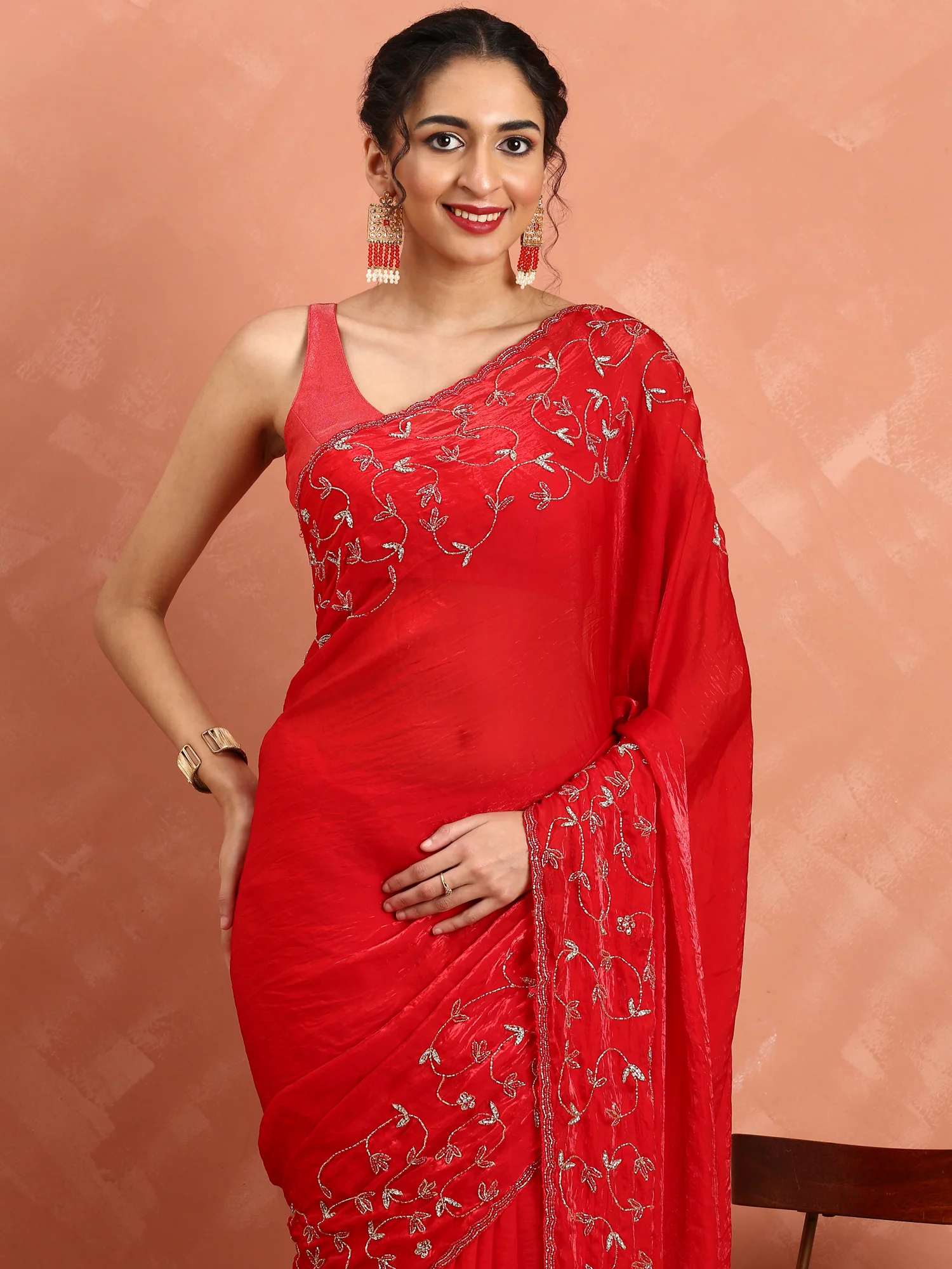 Red pink Jimmy saree with cut dana & Swarovski hand embroidery - Image 3