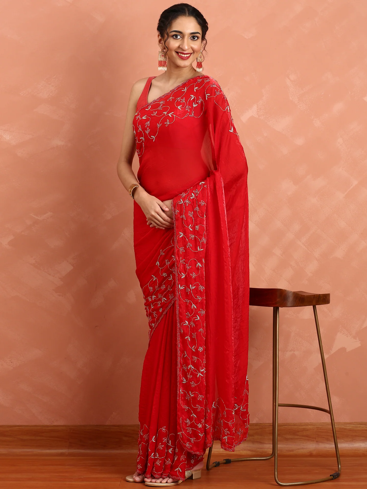 Red pink Jimmy saree with cut dana & Swarovski hand embroidery - Image 4