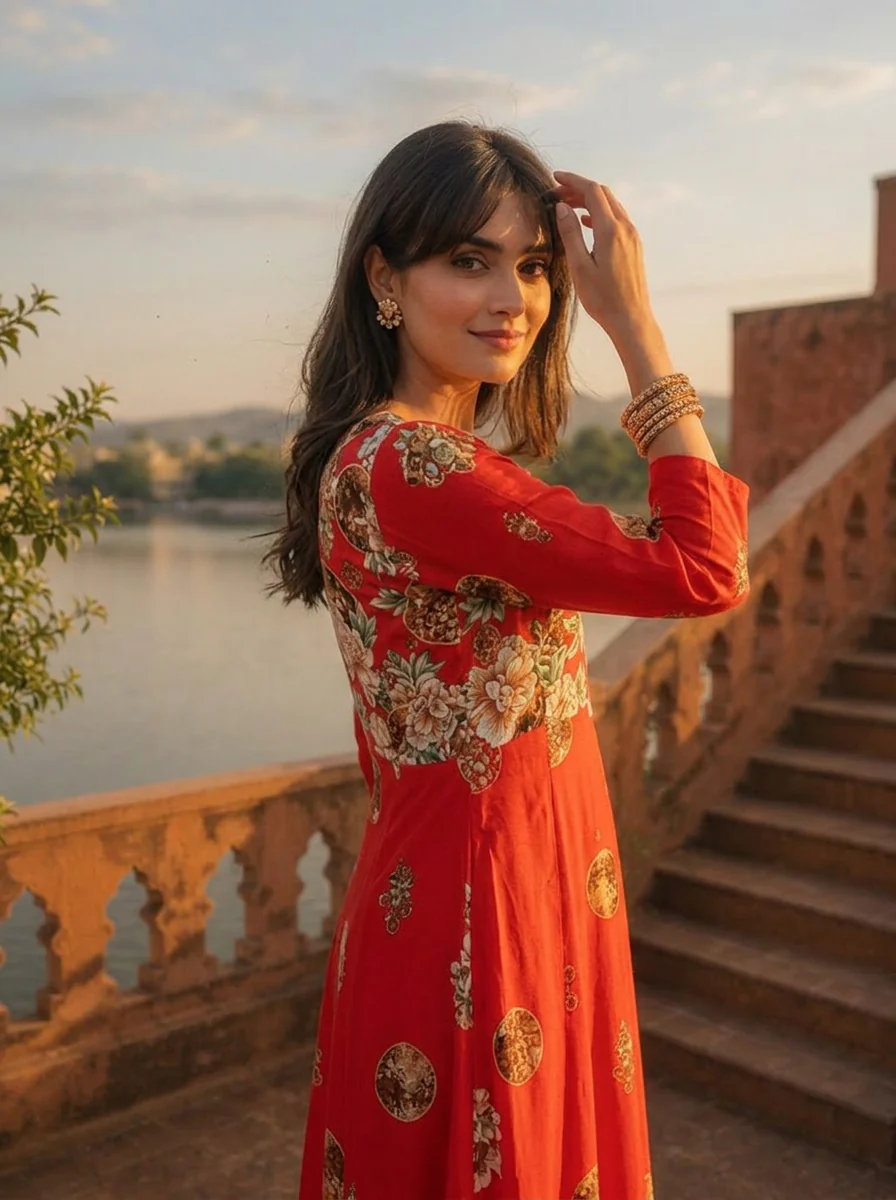 Red Rayon Baroque Floral Printed Dress - Image 4