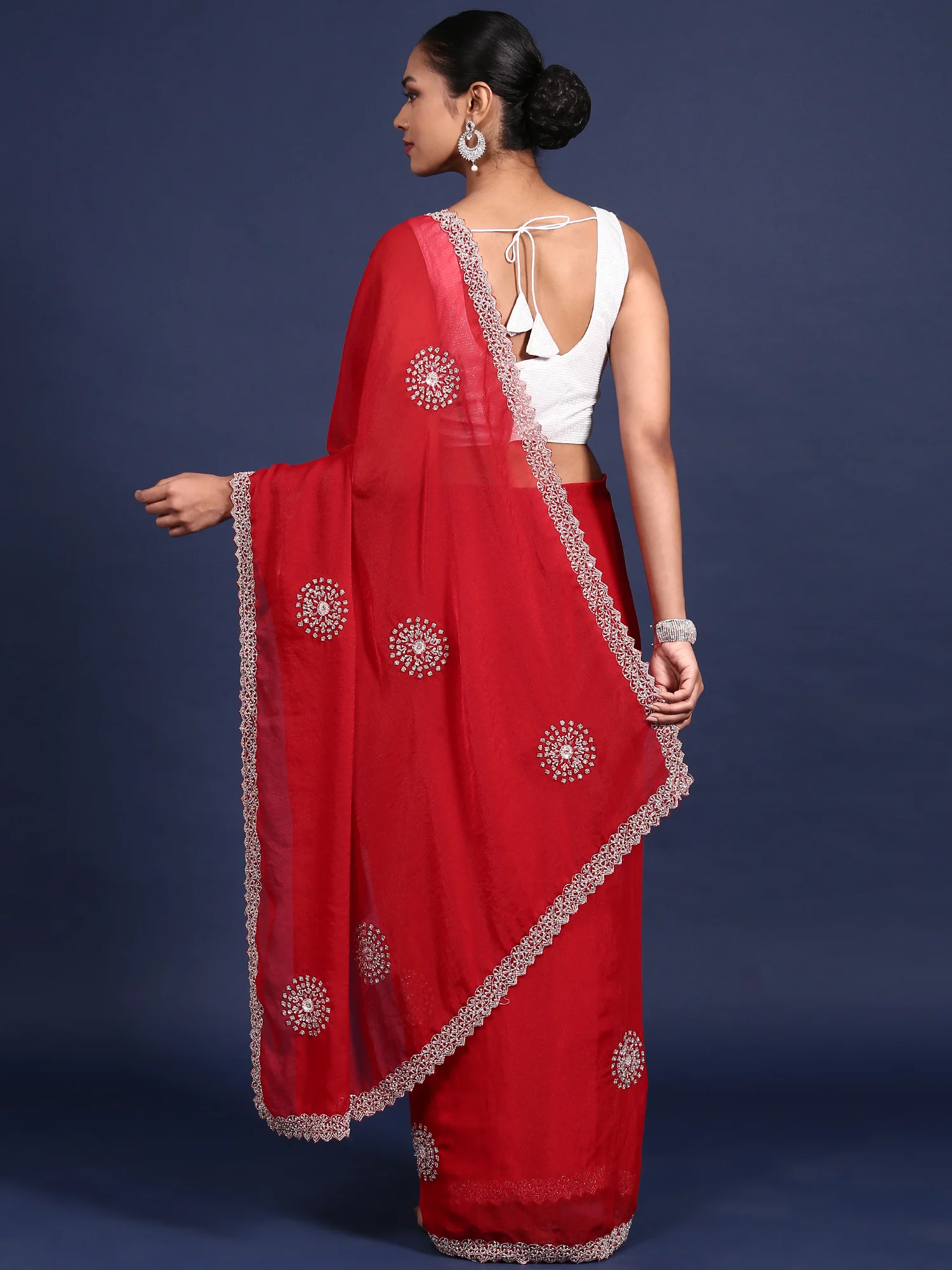 Red Satin Aari Embroidery Saree - Image 2