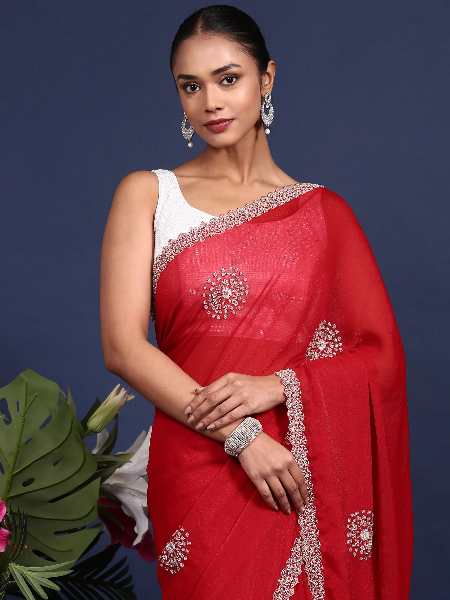 Red Satin Aari Embroidery Saree - Image 3