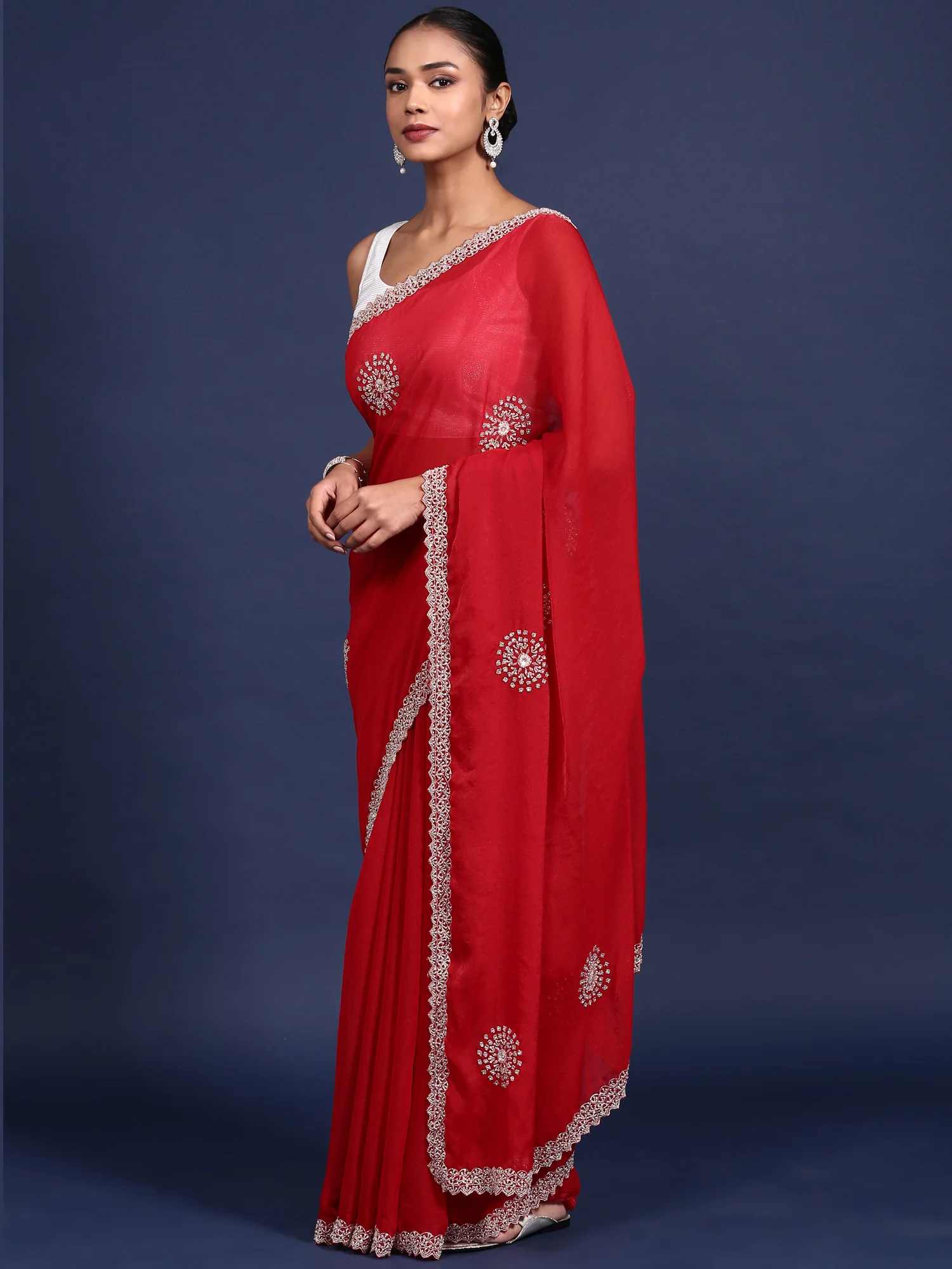 Red Satin Aari Embroidery Saree - Image 4