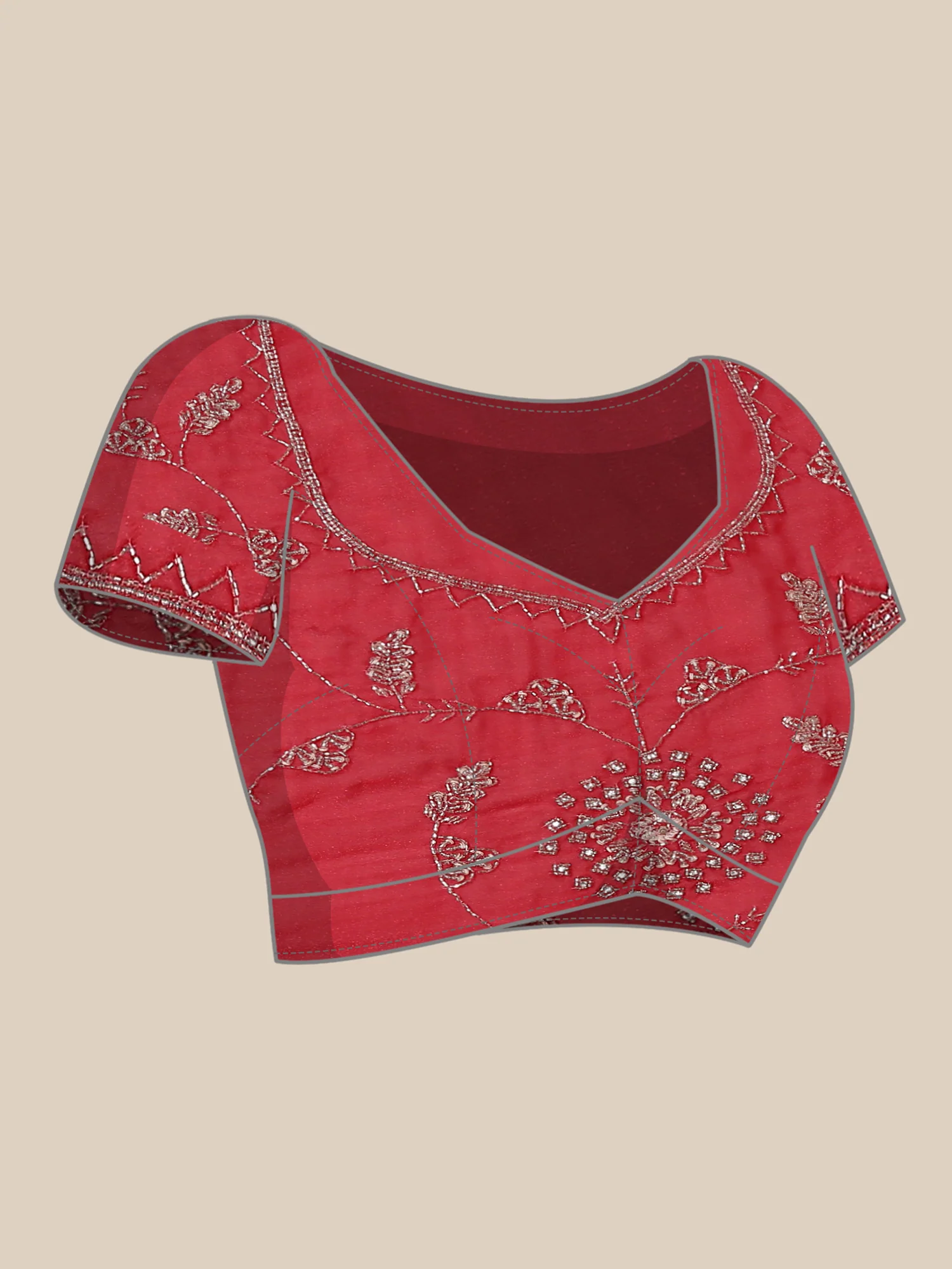 Red Satin Aari Embroidery Saree - Image 7