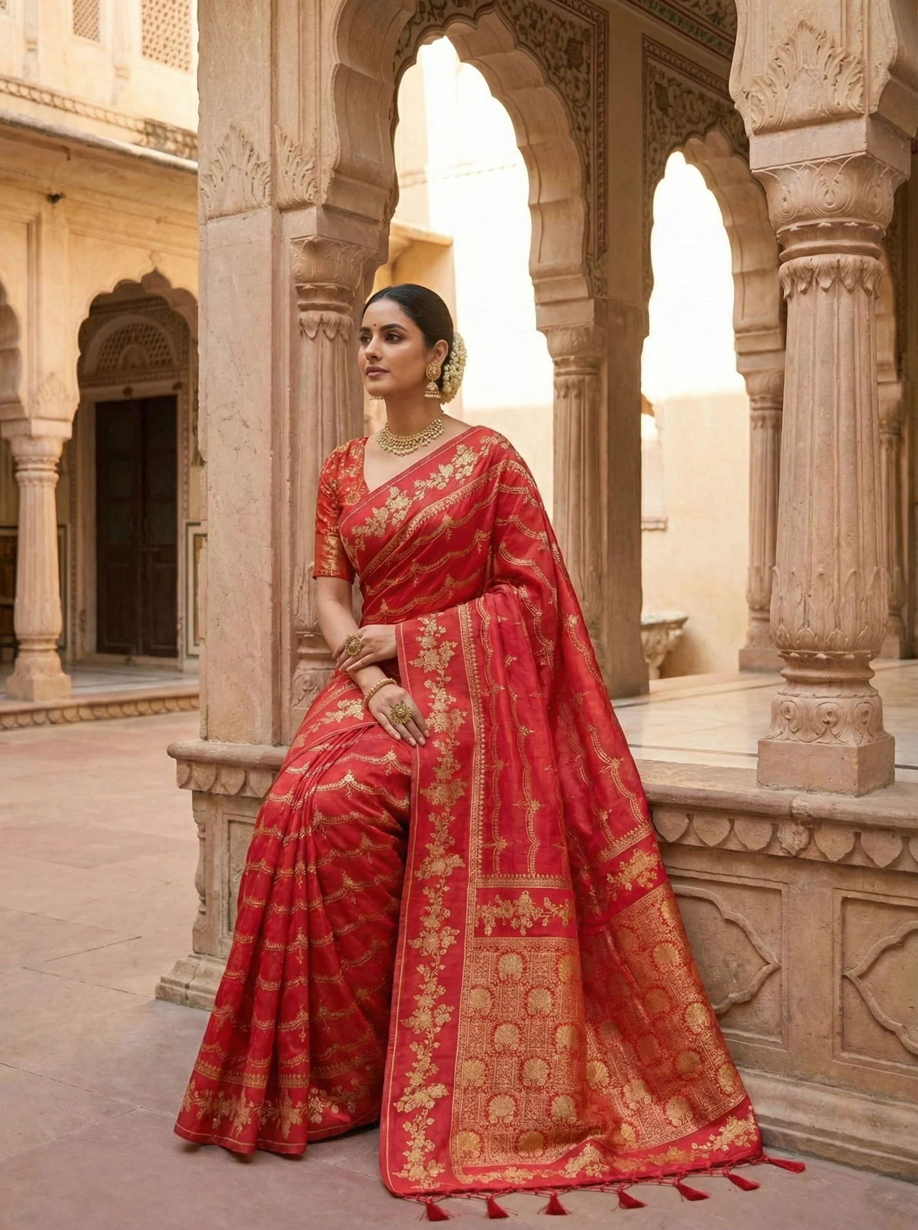 Red Silk Floral Digital Printed Saree - Image 3