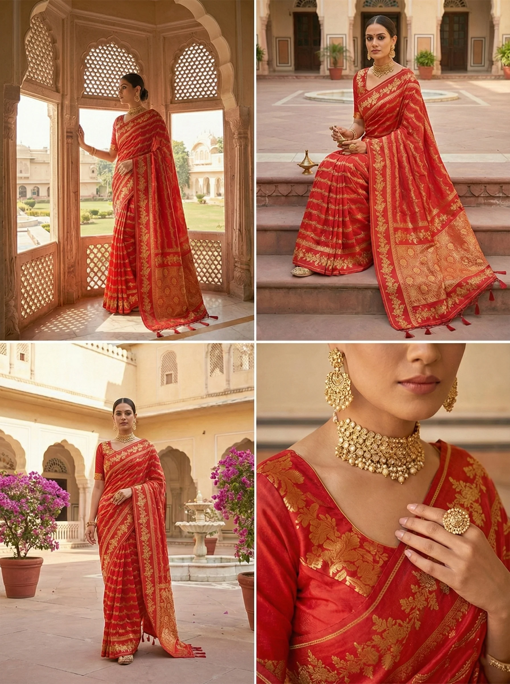 Red Silk Floral Digital Printed Saree - Image 5
