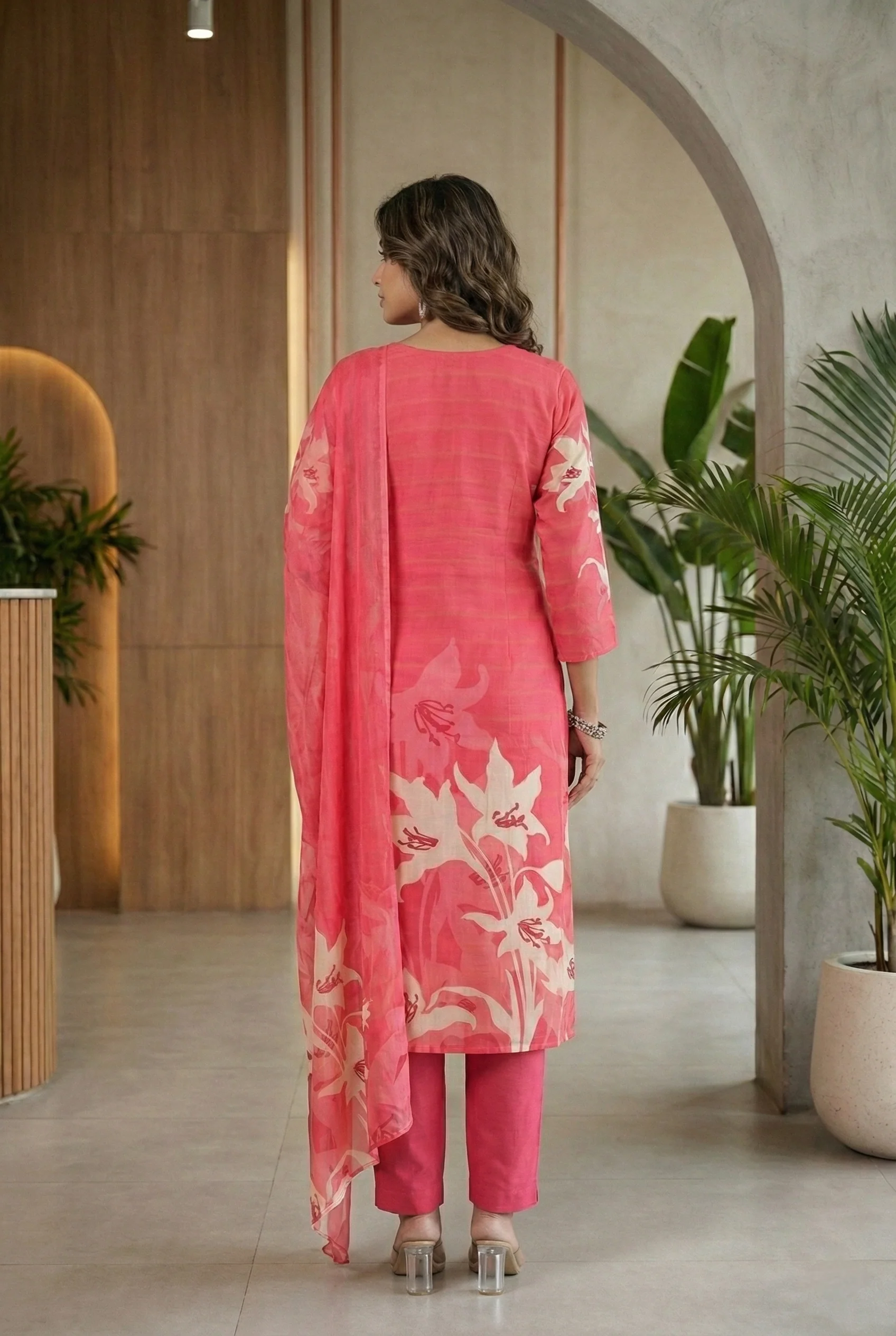 Red Silk Floral Printed And Beads Embroidered Three Piece Set - Image 3