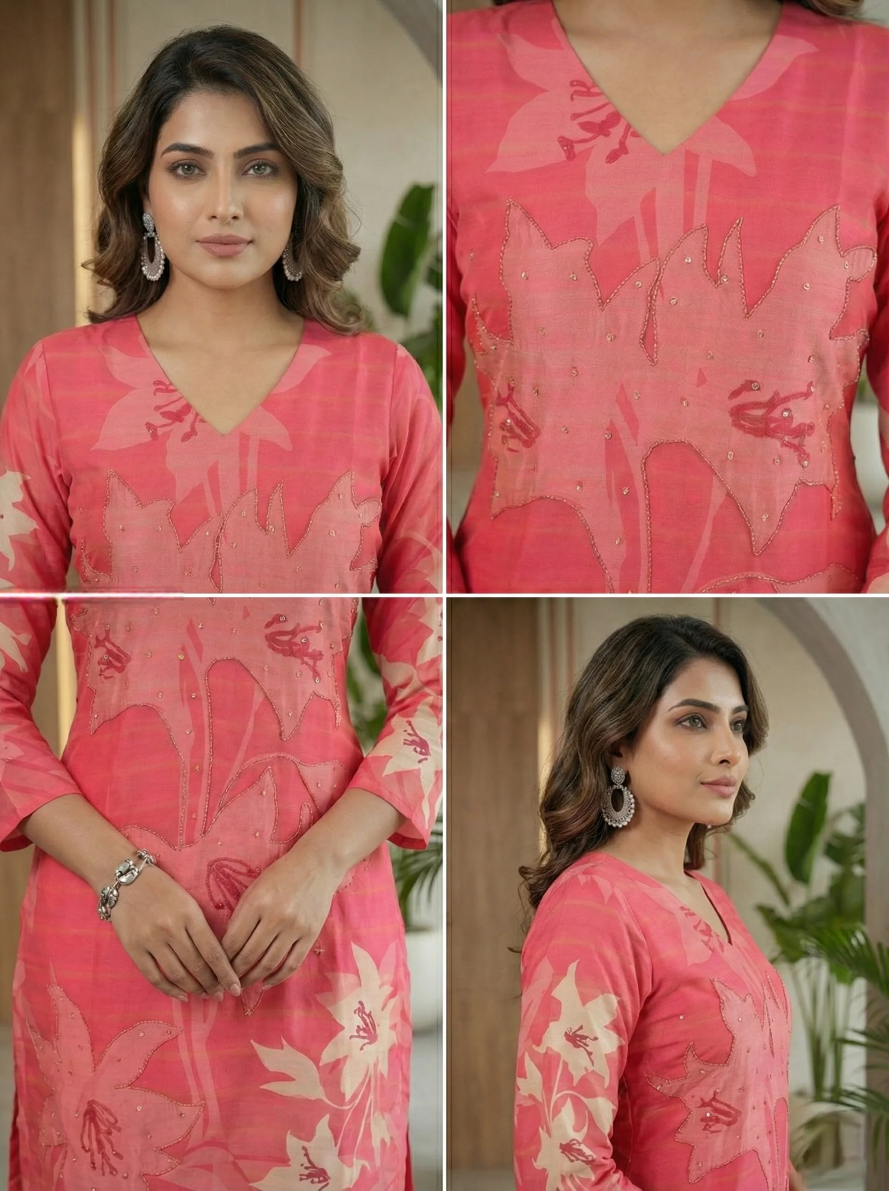 Red Silk Floral Printed And Beads Embroidered Three Piece Set - Image 4