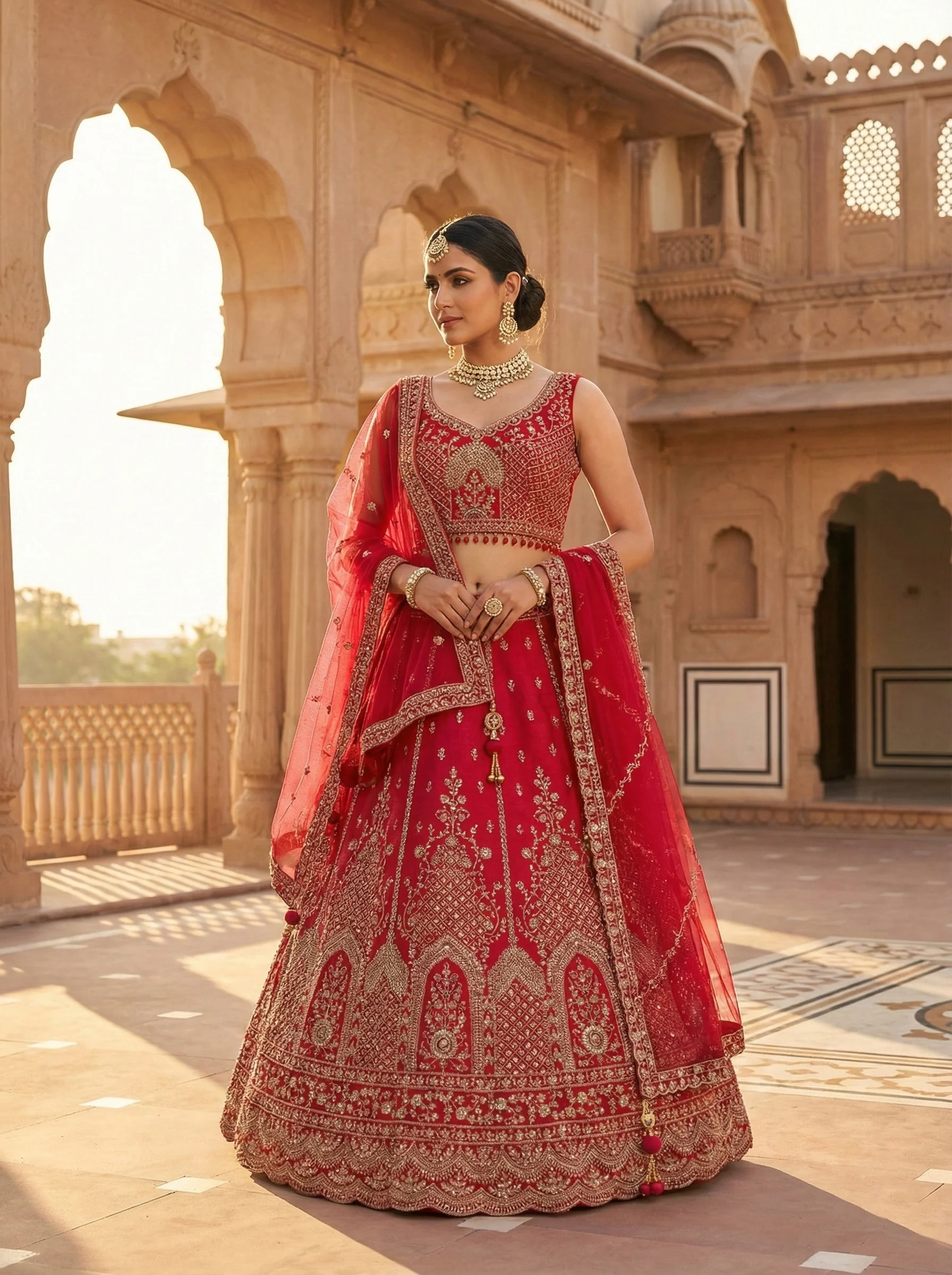 Red Silk Floral Zari Embroidered Ghagra Set