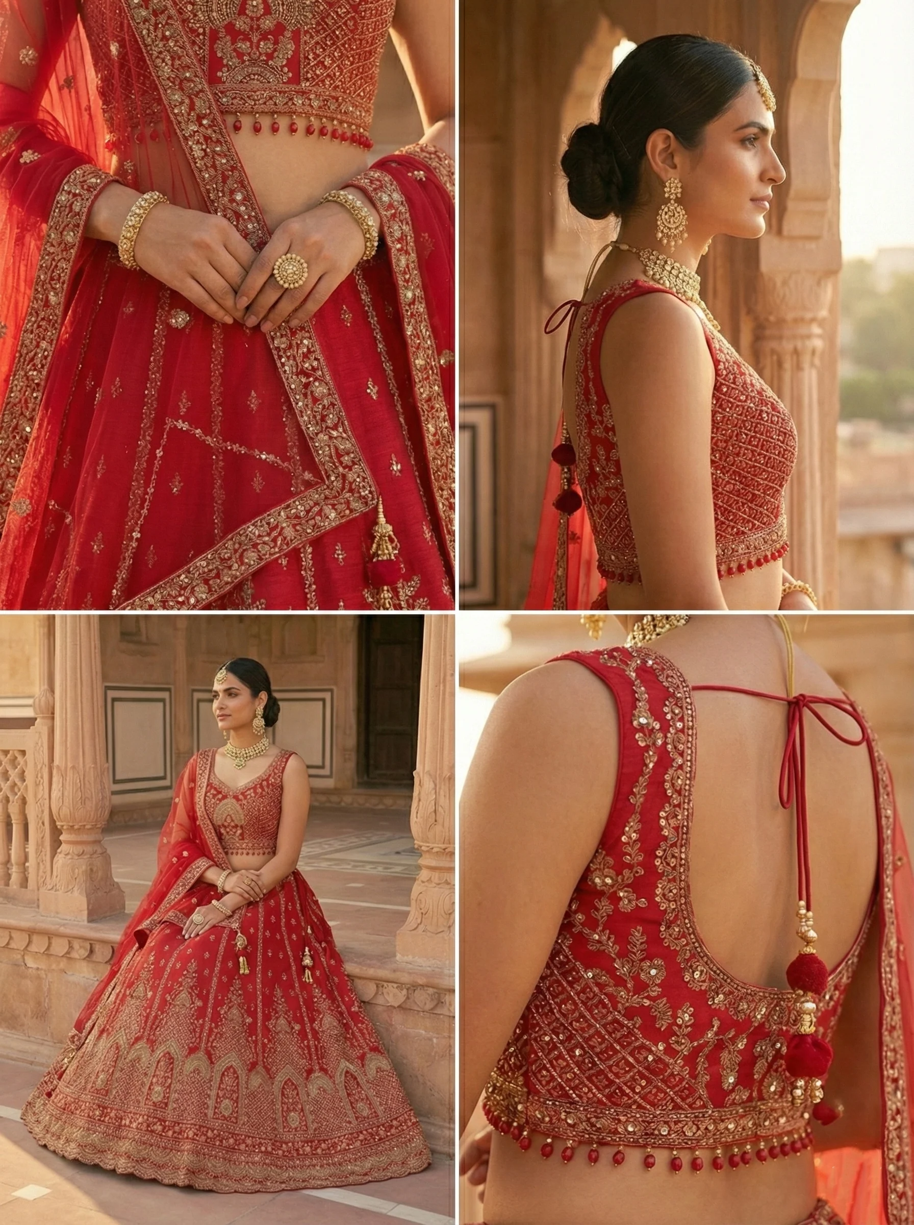 Red Silk Floral Zari Embroidered Ghagra Set - Image 3