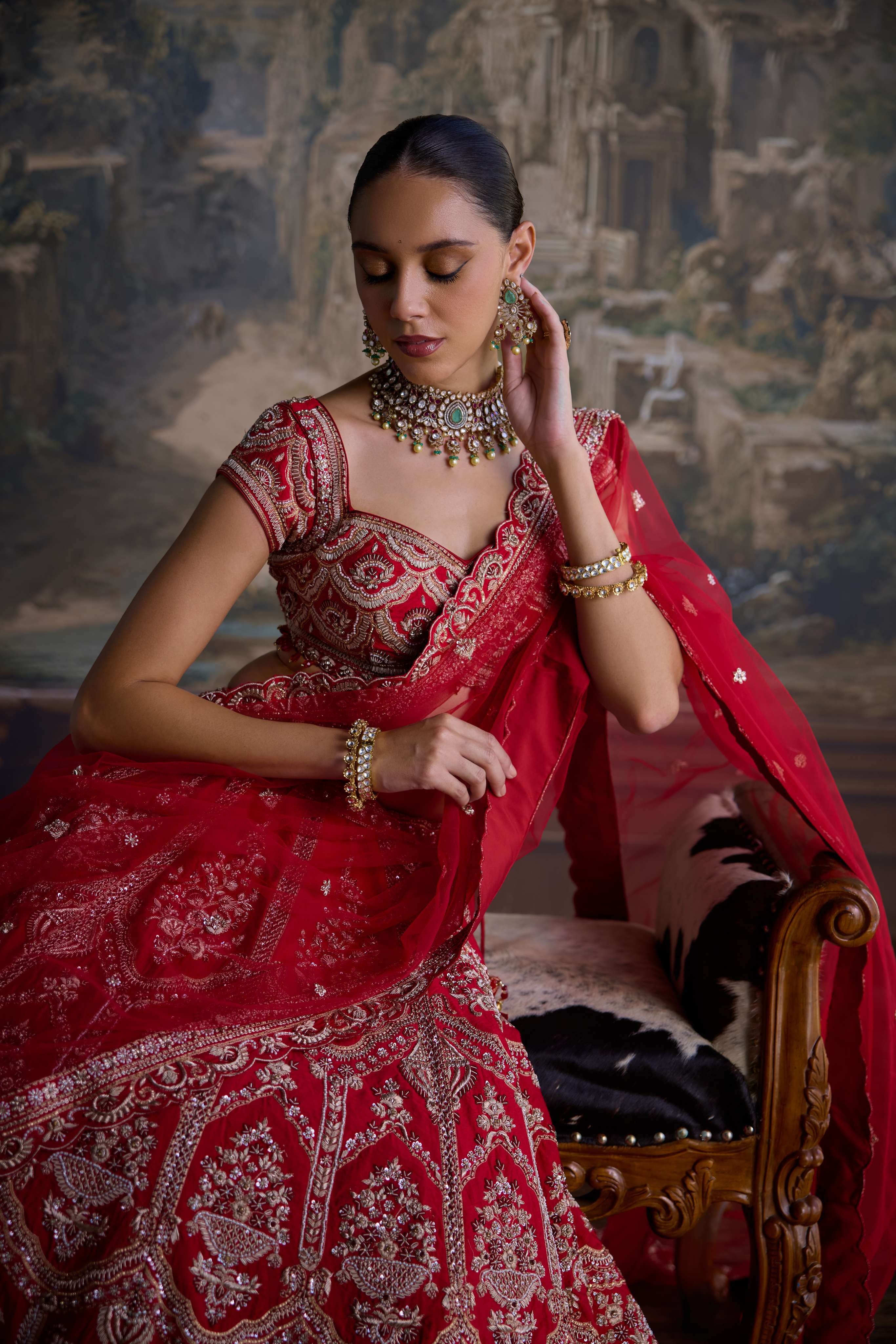 Red Bridal Silk Hand Embroidered Ghagra Set - Image 4