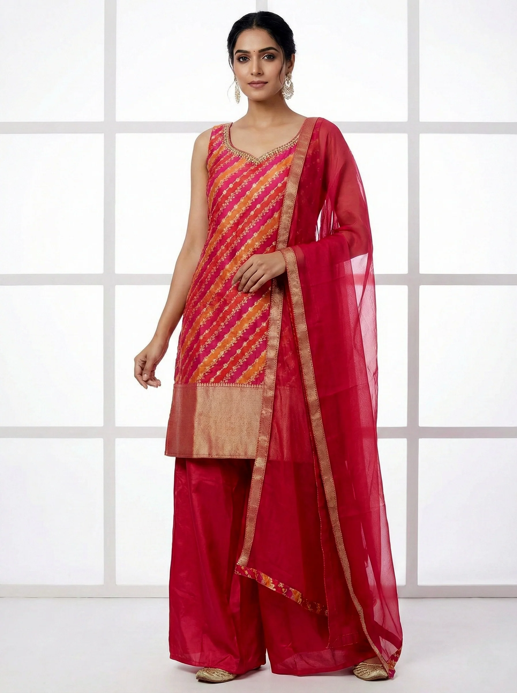 Red Silk Zari Hand Embroidered Kurti And Palazzo With Dupatta