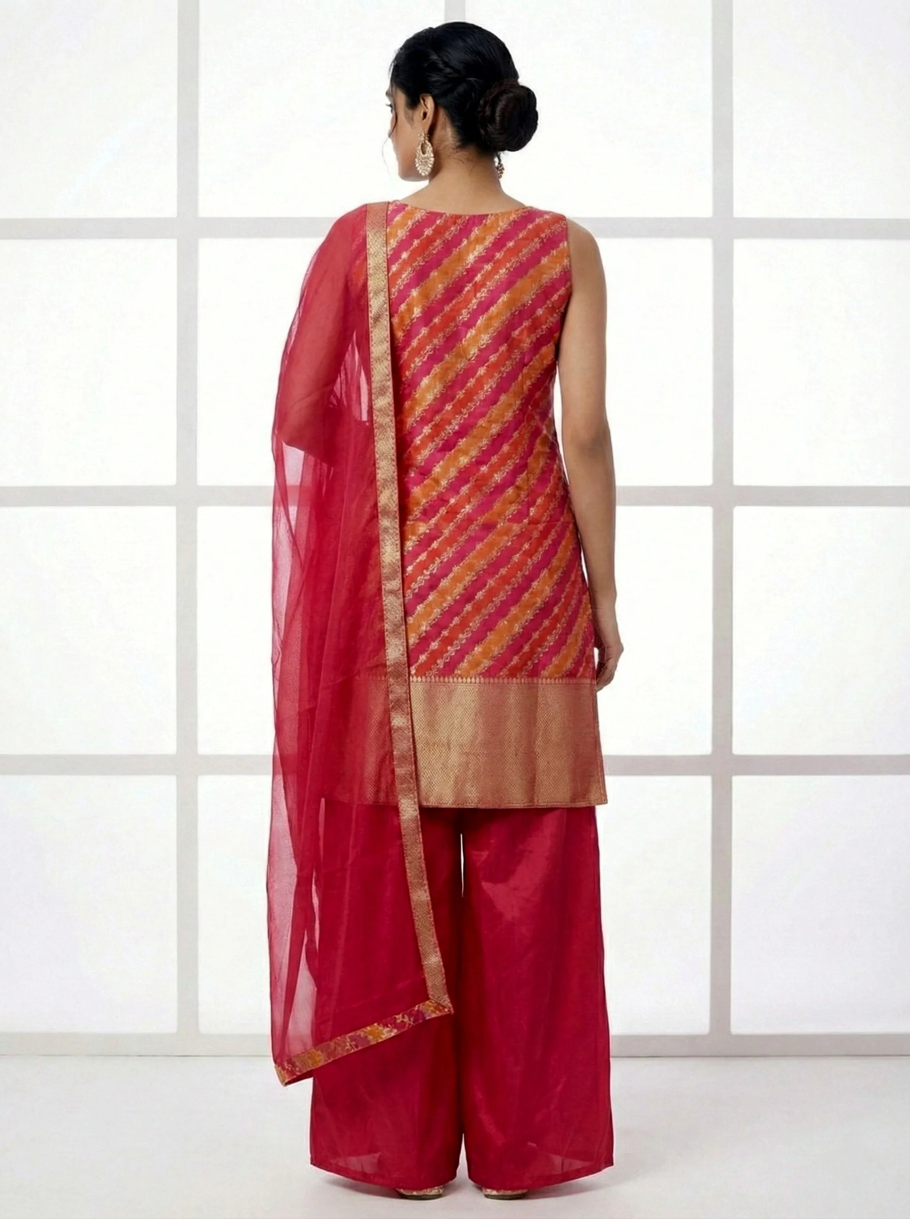 Red Silk Zari Hand Embroidered Kurti And Palazzo With Dupatta - Image 3
