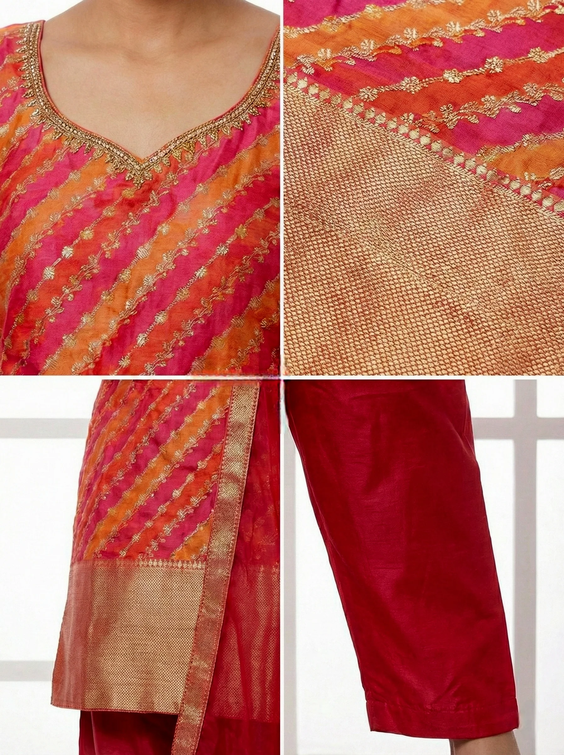 Red Silk Zari Hand Embroidered Kurti And Palazzo With Dupatta - Image 5