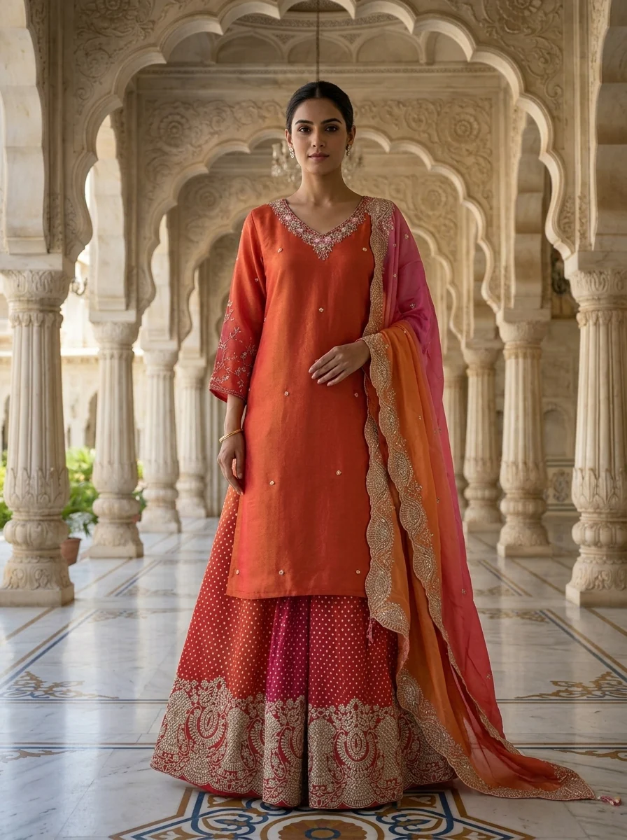 Red Tissue Floral Sequins And Thread Embroidery Three Piece Set - Image 2
