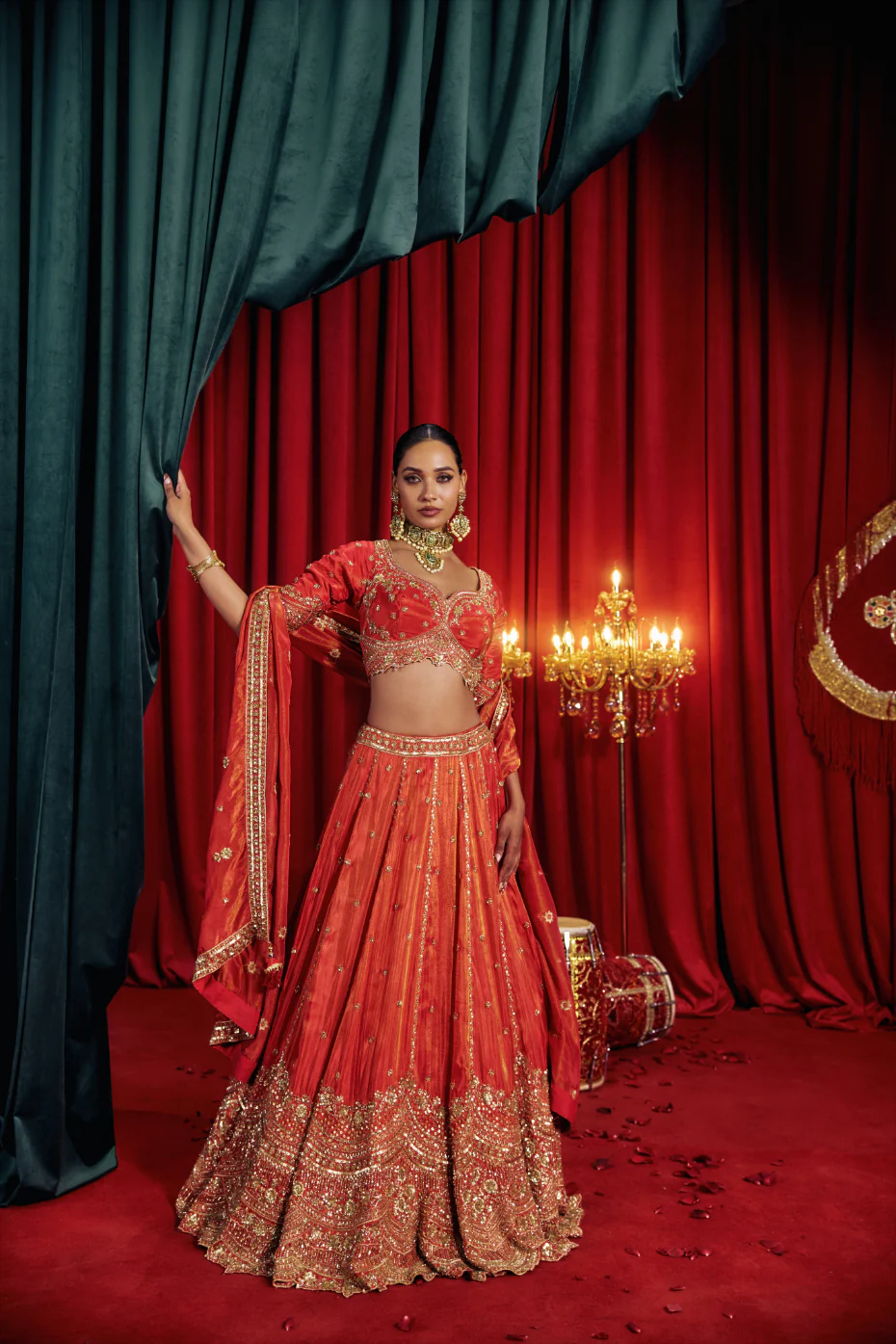 Red Tissue Heavy Hand Embroidery Ghagra Set - Image 2
