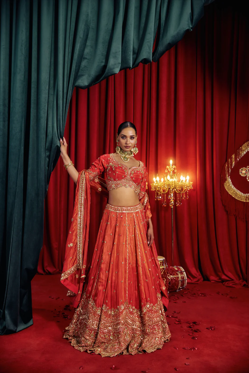 Red Tissue Heavy Hand Embroidery Ghagra Set - Image 3