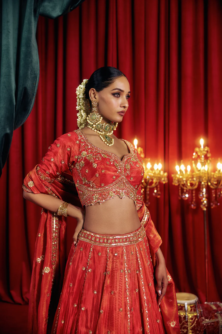 Red Tissue Heavy Hand Embroidery Ghagra Set - Image 4