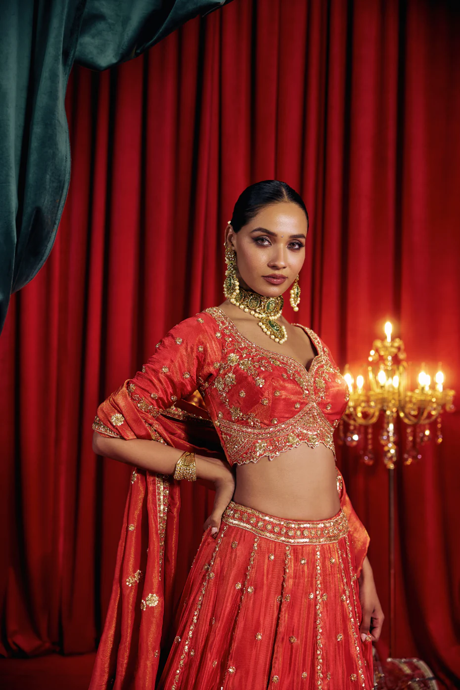 Red Tissue Heavy Hand Embroidery Ghagra Set - Image 5