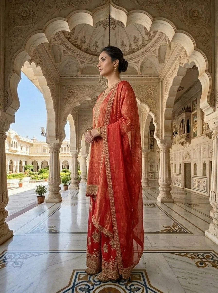 Red Tissue Sequins And Zari Embroidered Three Piece Set - Image 2