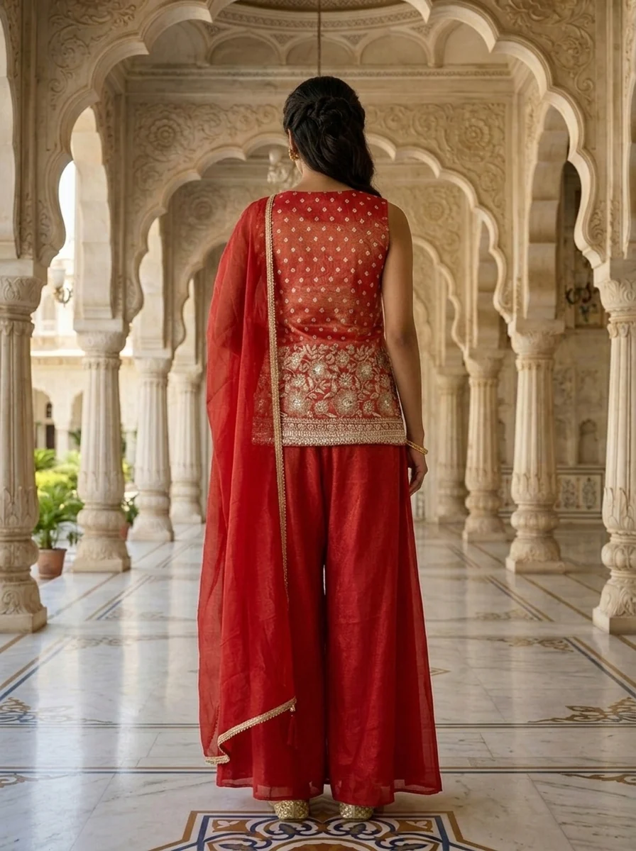 Red Tissue Thread And Sequins Kurti And Palazzo Set - Image 2
