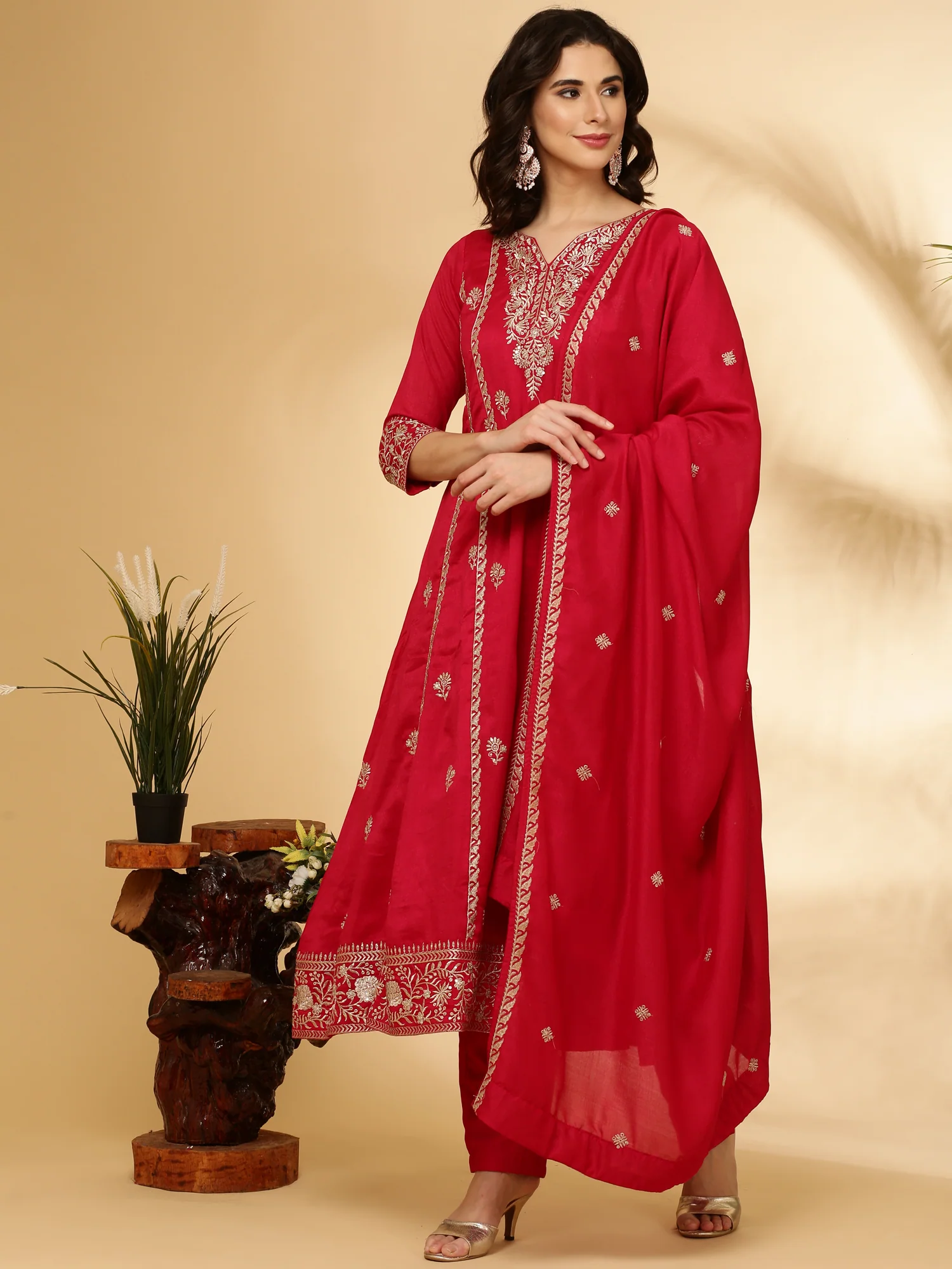 Red Vichitra Silk Three Piece Set - Image 2