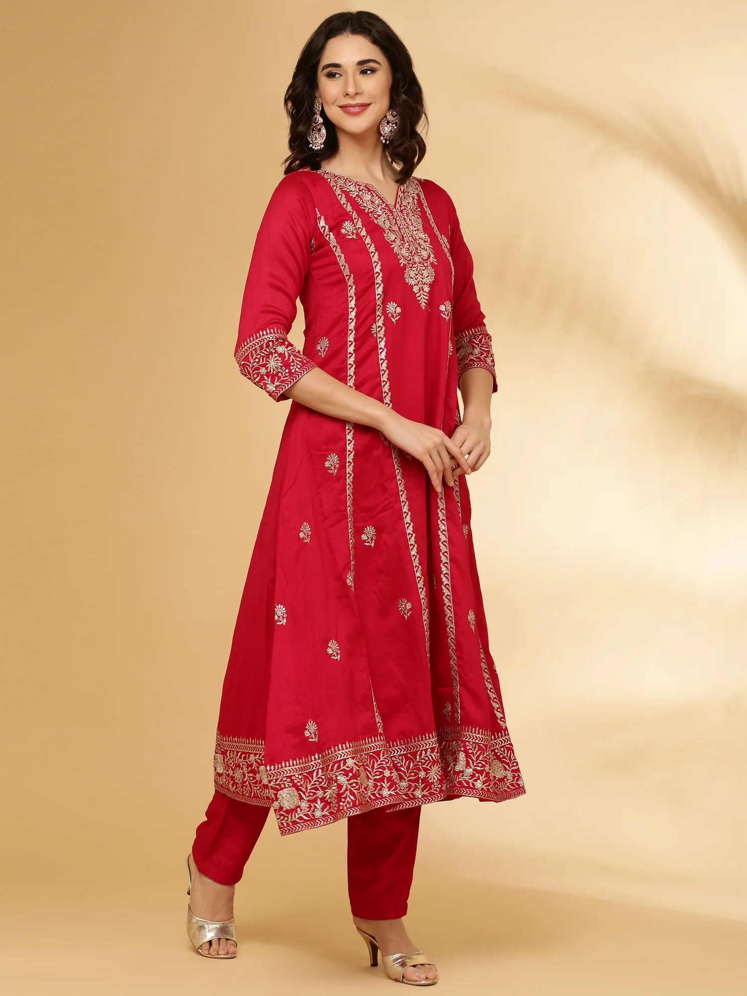 Red Vichitra Silk Three Piece Set - Image 3