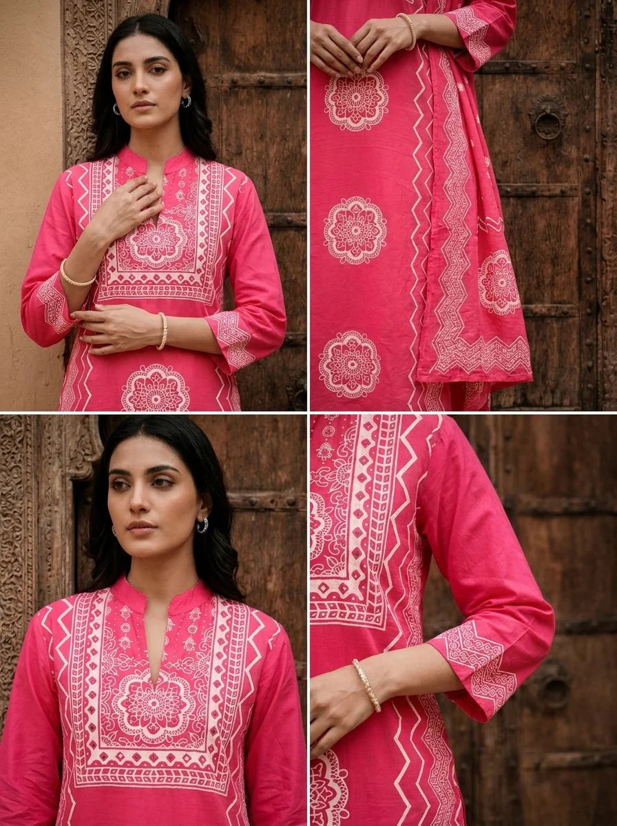 Rose Cotton Chevron And Floral Printed Three Piece Set - Image 4