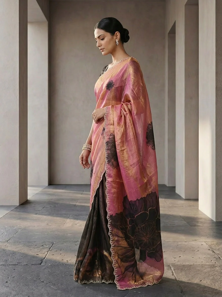 Rose Pink And Brown Satin Floral Digital Printed Saree - Image 2