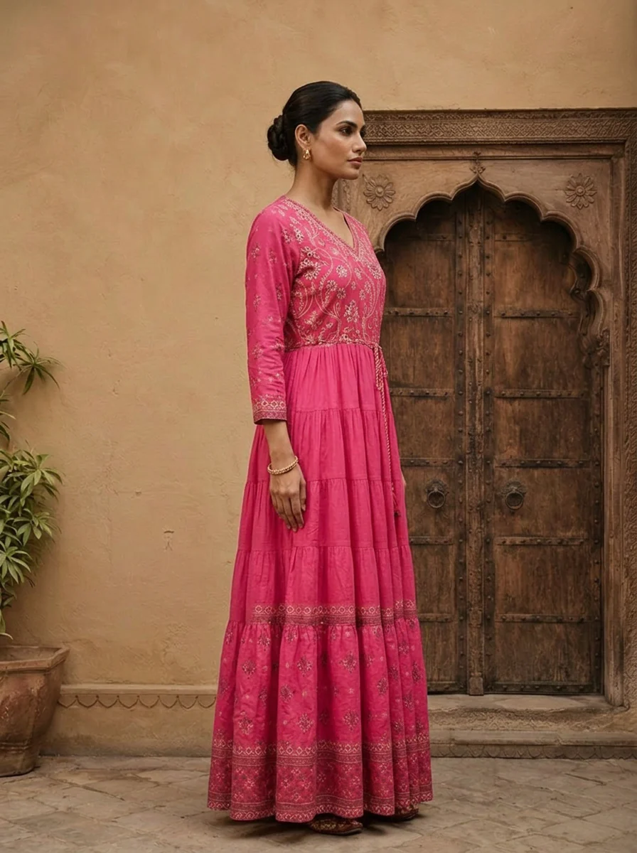 Rose Pink Cotton Floral Printed Dress - Image 3