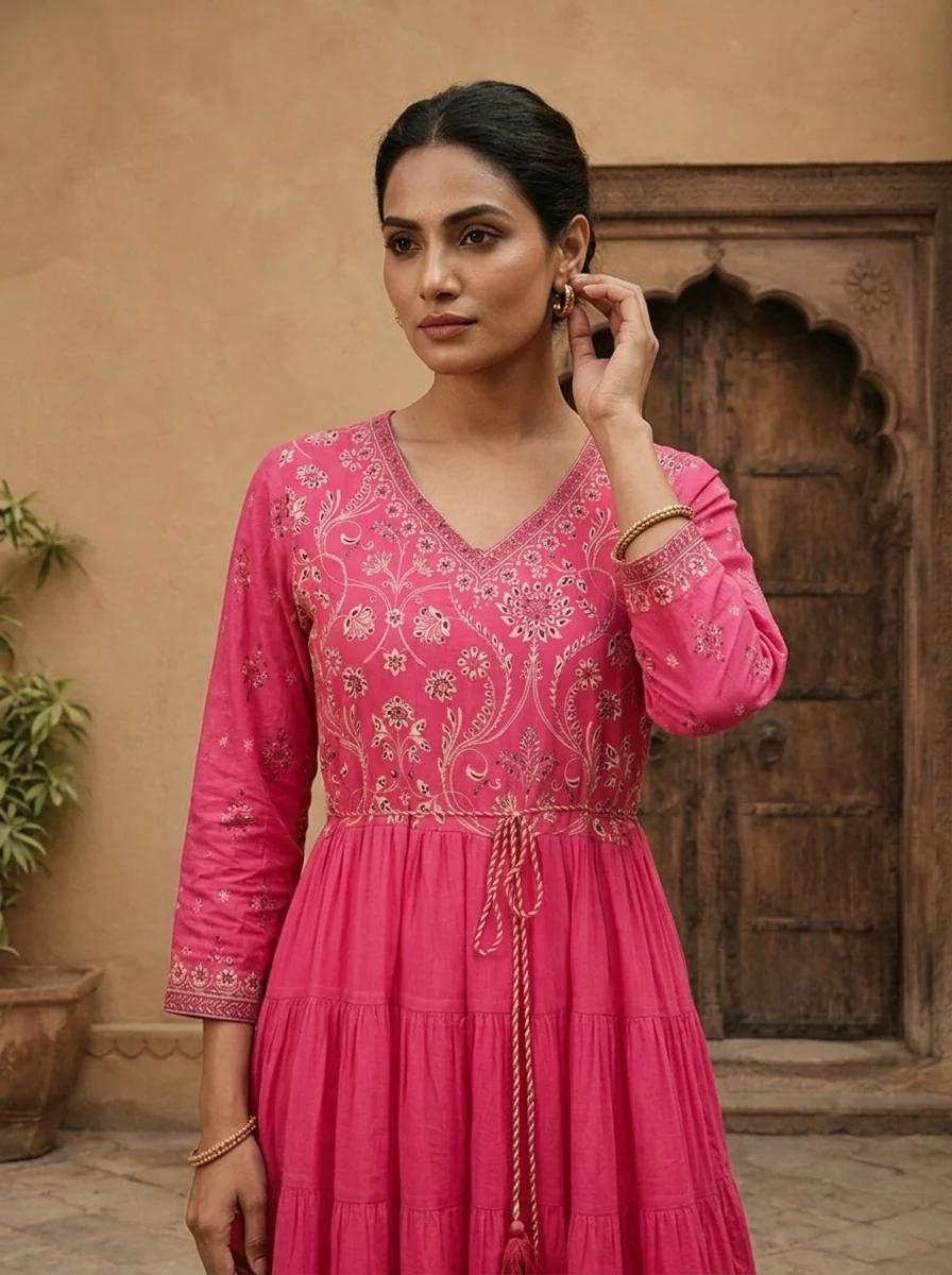 Rose Pink Cotton Floral Printed Dress - Image 4