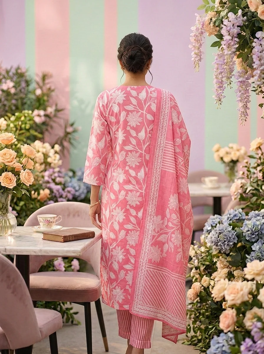 Rose Pink Cotton Floral Printed Three Piece Set - Image 2