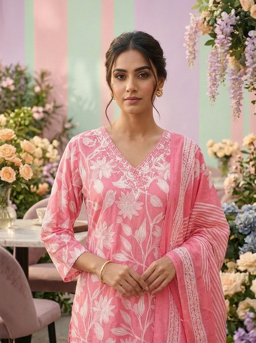 Rose Pink Cotton Floral Printed Three Piece Set - Image 4