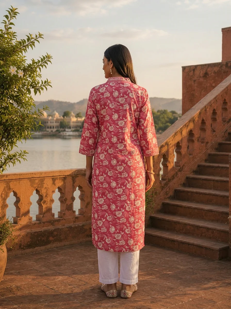 Rose Pink Cotton Jaipuri Floral Jaal Printed Kurta - Image 2