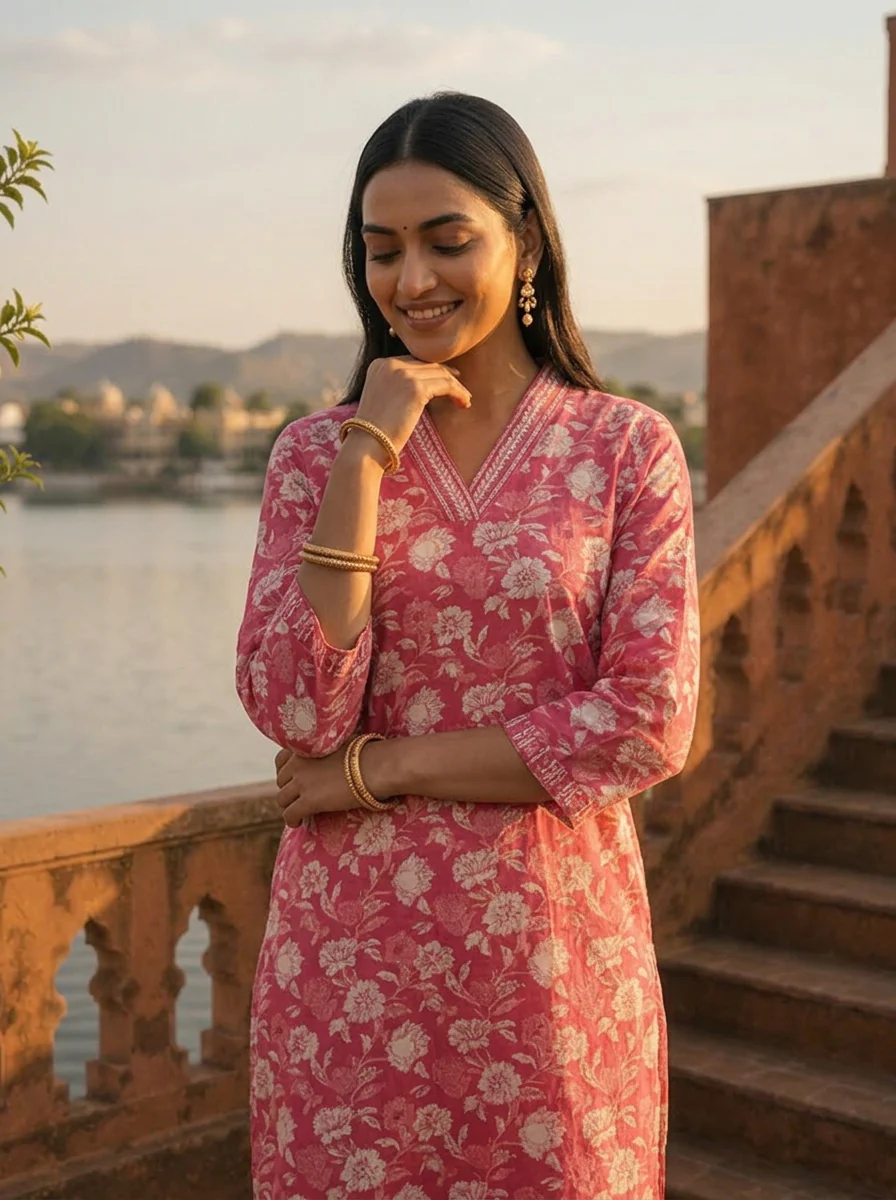 Rose Pink Cotton Jaipuri Floral Jaal Printed Kurta - Image 4