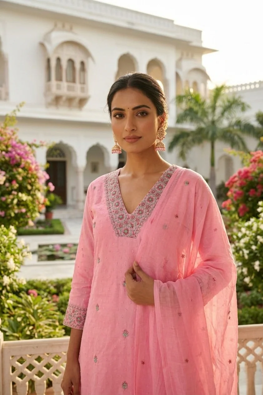 Rose Pink Cotton Thread Embroidery Three Piece Set - Image 4