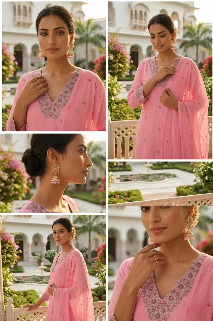 Rose Pink Cotton Thread Embroidery Three Piece Set - Image 5