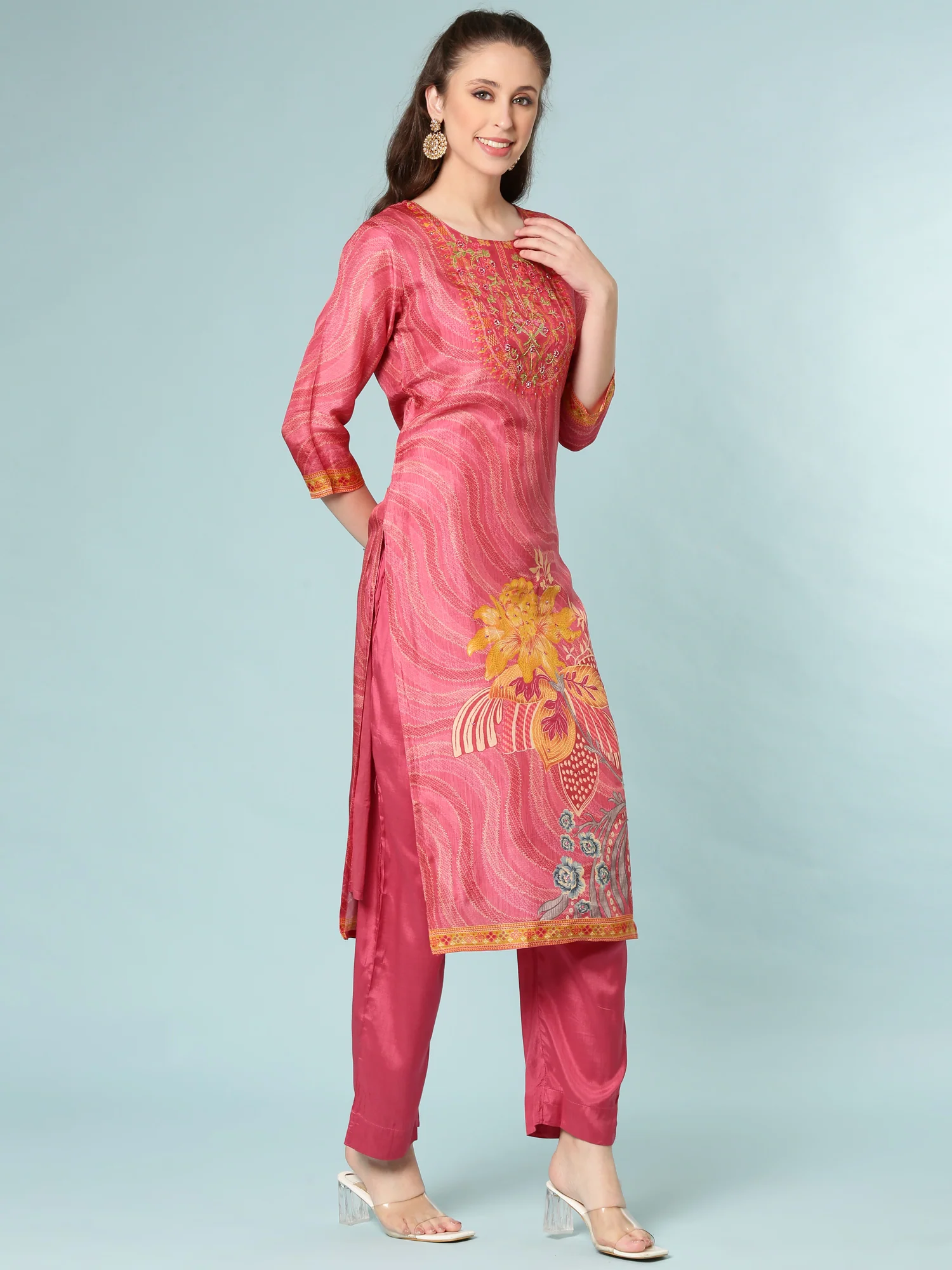 Rose Pink Dola Silk Floral Digital Print Three Piece Set - Image 2
