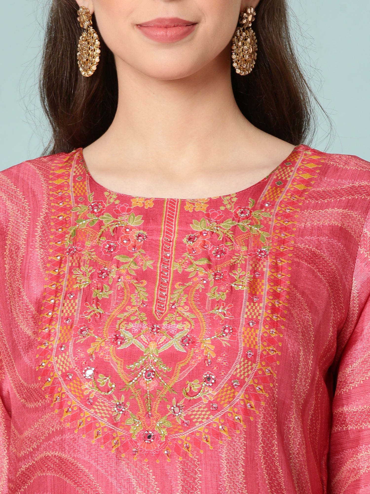 Rose Pink Dola Silk Floral Digital Print Three Piece Set - Image 4