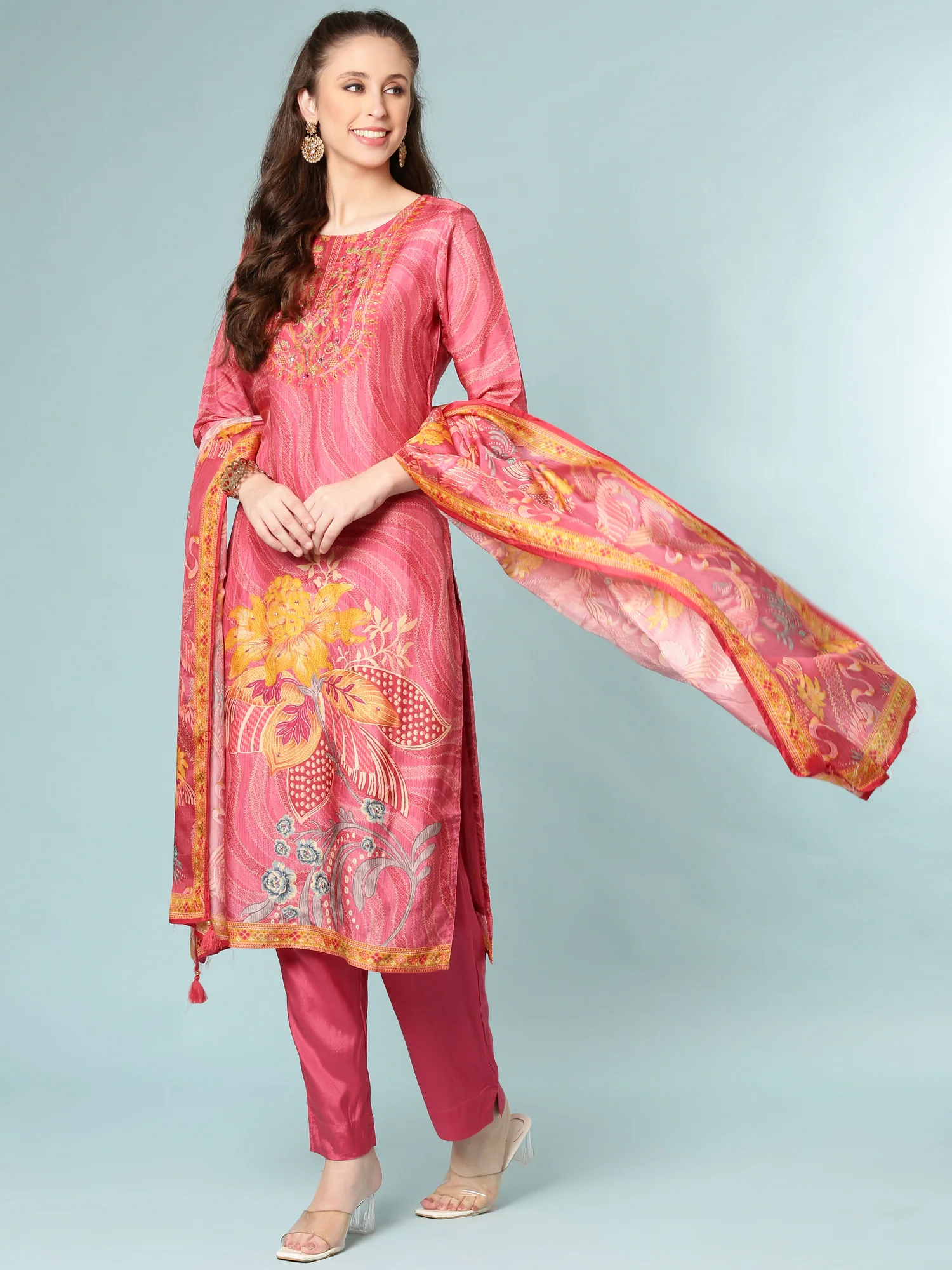 Rose Pink Dola Silk Floral Digital Print Three Piece Set - Image 5