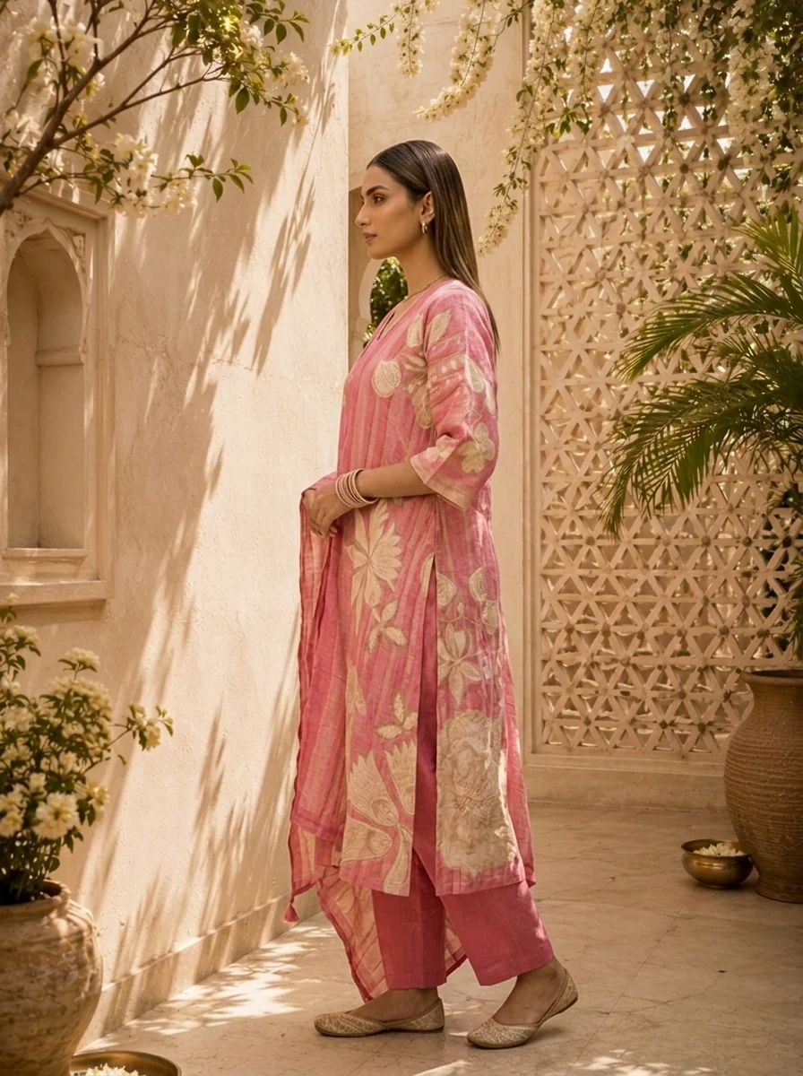 Rose Pink Floral Printed And Hand Embroidery Linen Three Piece Set - Image 2